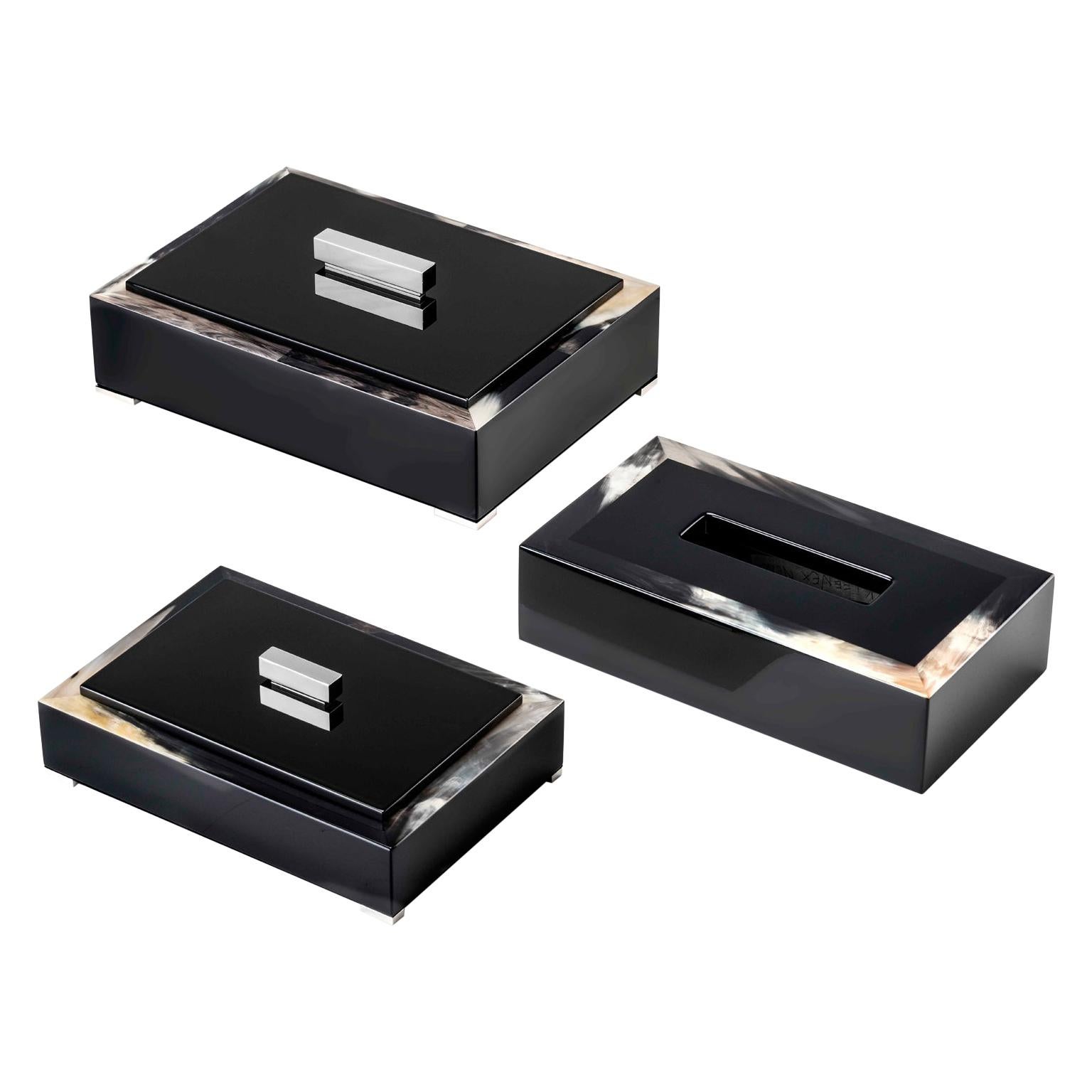 Office Set in Glossy Black Lacquered Wood, Leather and Corno Italiano For Sale