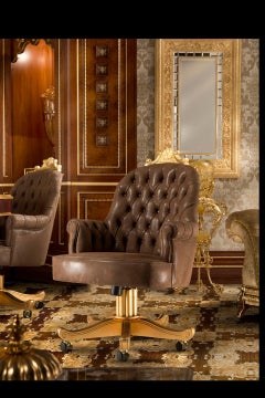 Office Swivel Chair with Capitonne Real Leather and Golden Finishes by Modenese