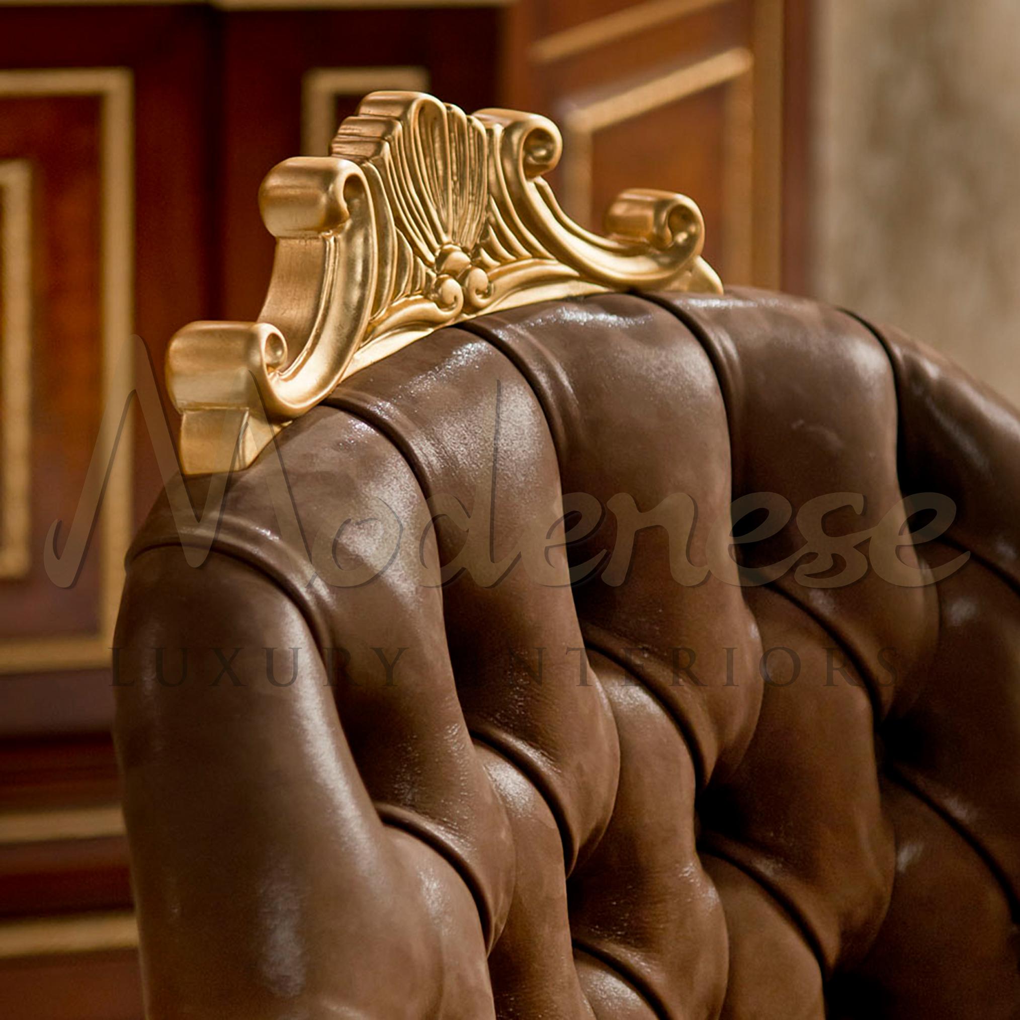 Neoclassical Office Swivel Chair with Capitonne Real Leather and Golden Finishes by Modenese For Sale