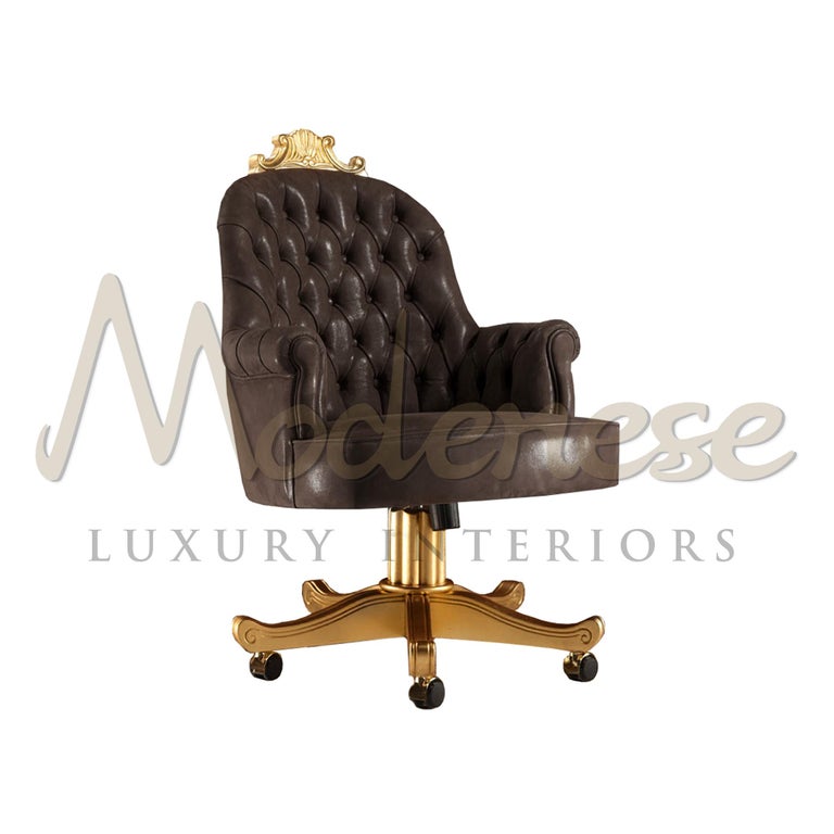 Office Swivel Chair with Capitonne Real Leather and Golden Finishes by