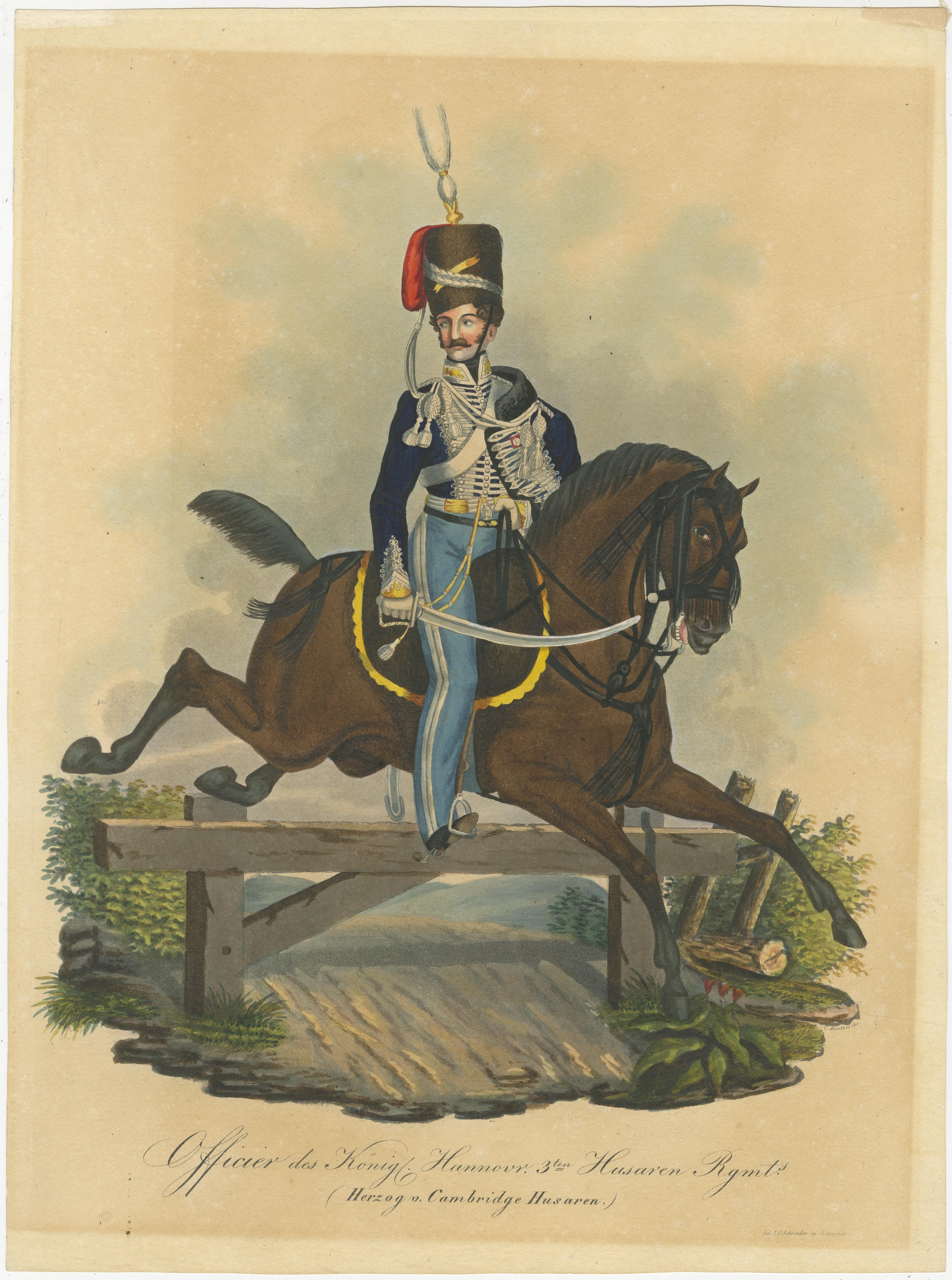 This is an hand-colored illustration of an officer from the King's German Legion, specifically the 3rd Hussar Regiment, also known as the Duke of Cambridge's Hussars. 

The King's German Legion was a British Army unit of mostly expatriate German