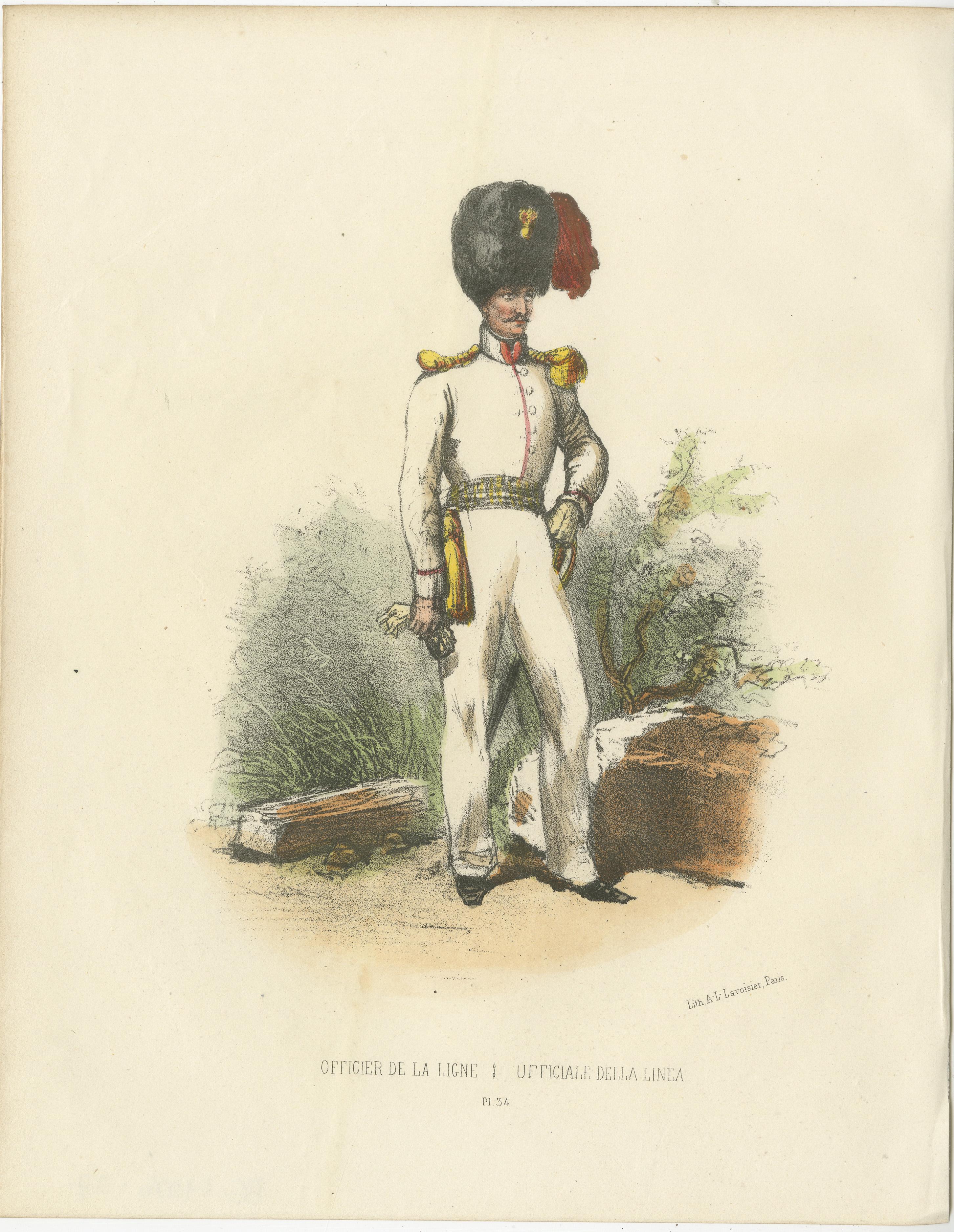 Officer of the Line: Handcolored Print of a Military Official, Plate 34, 1862  

This distinguished handcolored lithograph, Officer of the Line, is Plate 34 from the 1862 second edition of Album ou Collection Complète, et Historique des Costumes de