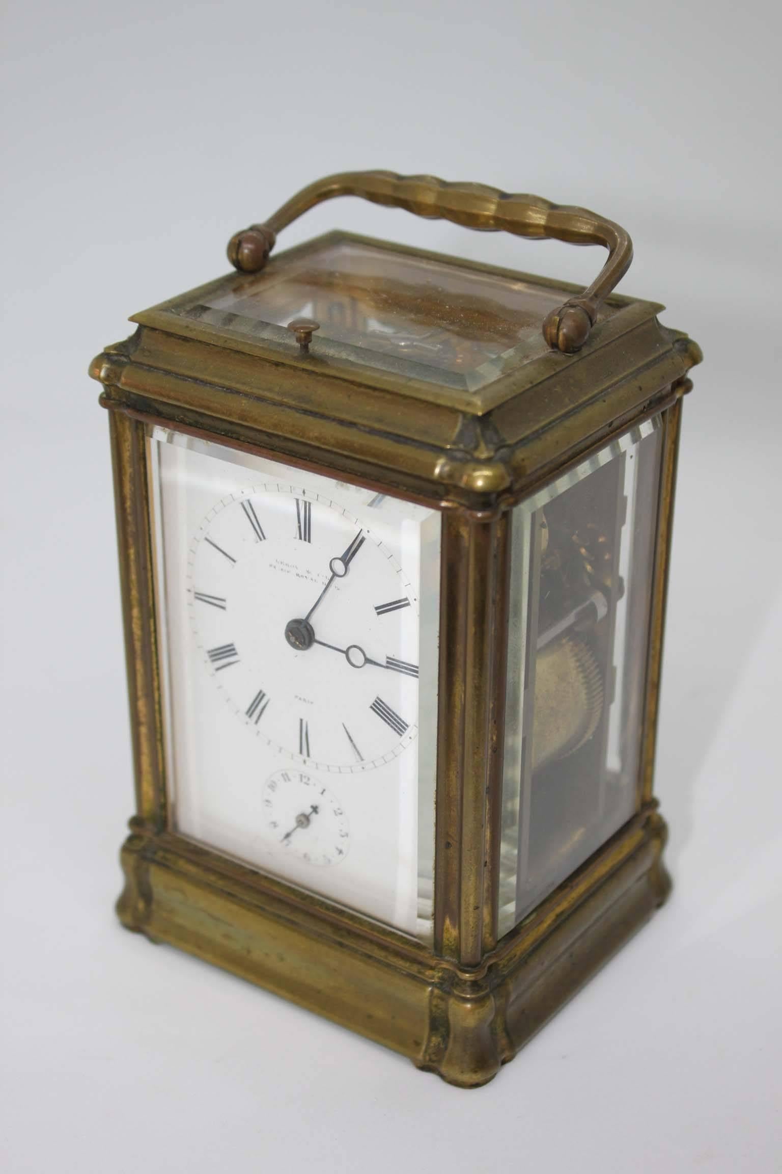 Beautiful officer's clock signed by famous clockmaker Leroy, in its original leather box. The Maison Leroy was founded by Bazile Charles Leroy in 1785 at the Palais Royal. He used to make clocks for Napoleon, the Duc de Bourbon... The successor