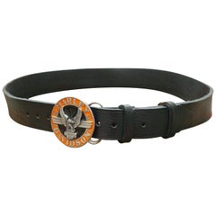 Used Official Harley Davidson Round Orange Enamel Eagle Buckle Leather Belt 1990s