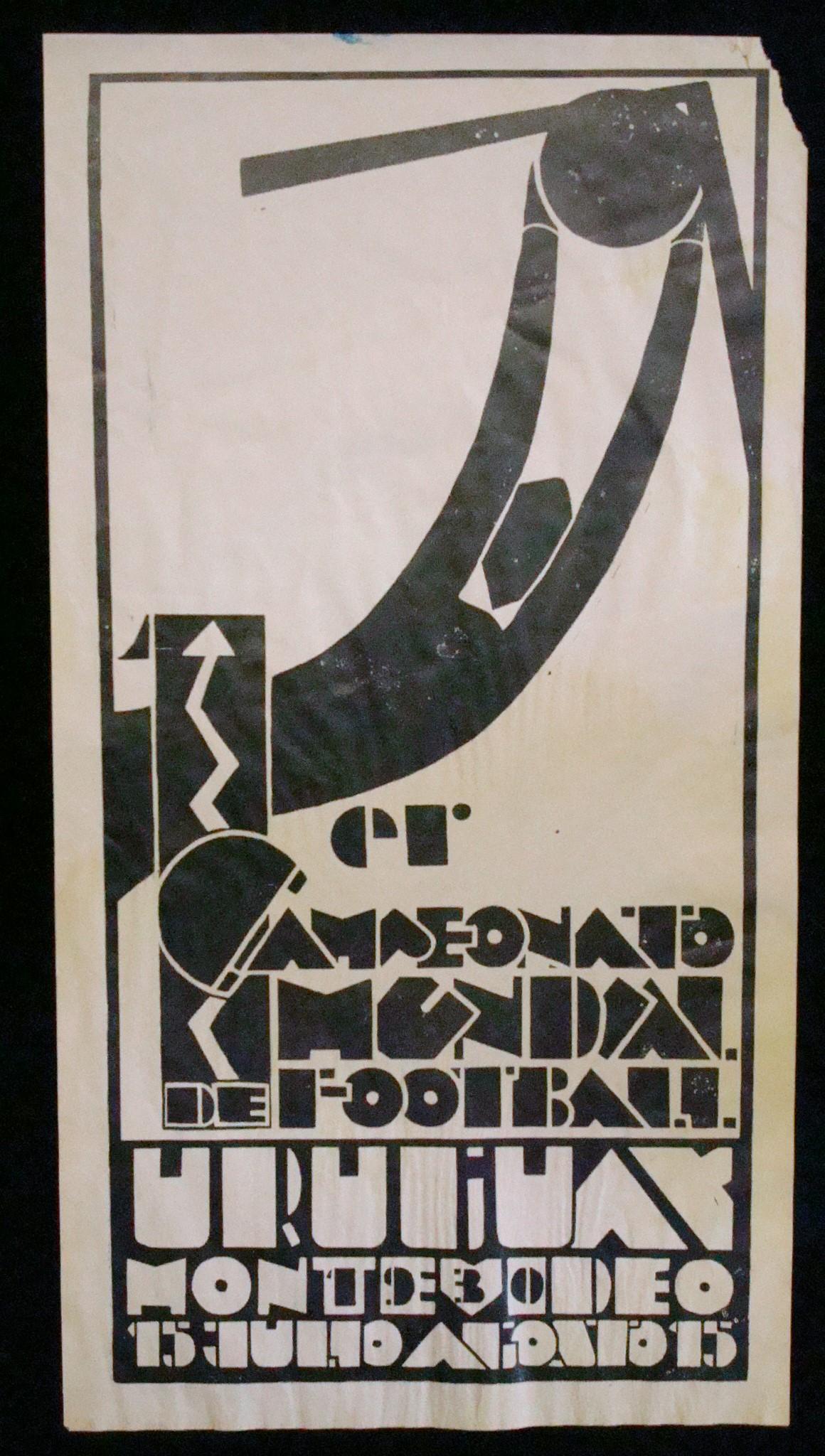 Official Uruguay 1930 F.I.F.A. World Cup Poster, Art Deco Football, Soccer, 
92 year-old poster for the first World Cup, held in Uruguay in 1930. Poster reads in Spanish: ''Soccer World Championship / Montevideo, Uruguay / 15 July - 15 August''.