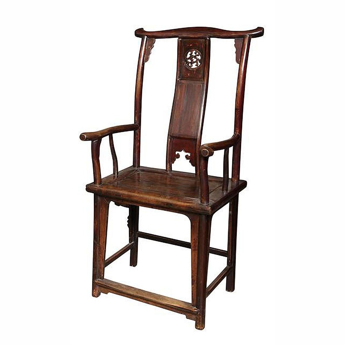 A classic Minister's hat armchair from Henan, China. Northern elm wood, original finish, circa 1890. Open hand-carving of 