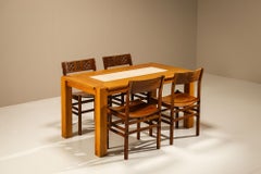 Officina Rivadossi Oak Dining Table with Botticino Marble Inlay, Italy 1970s
