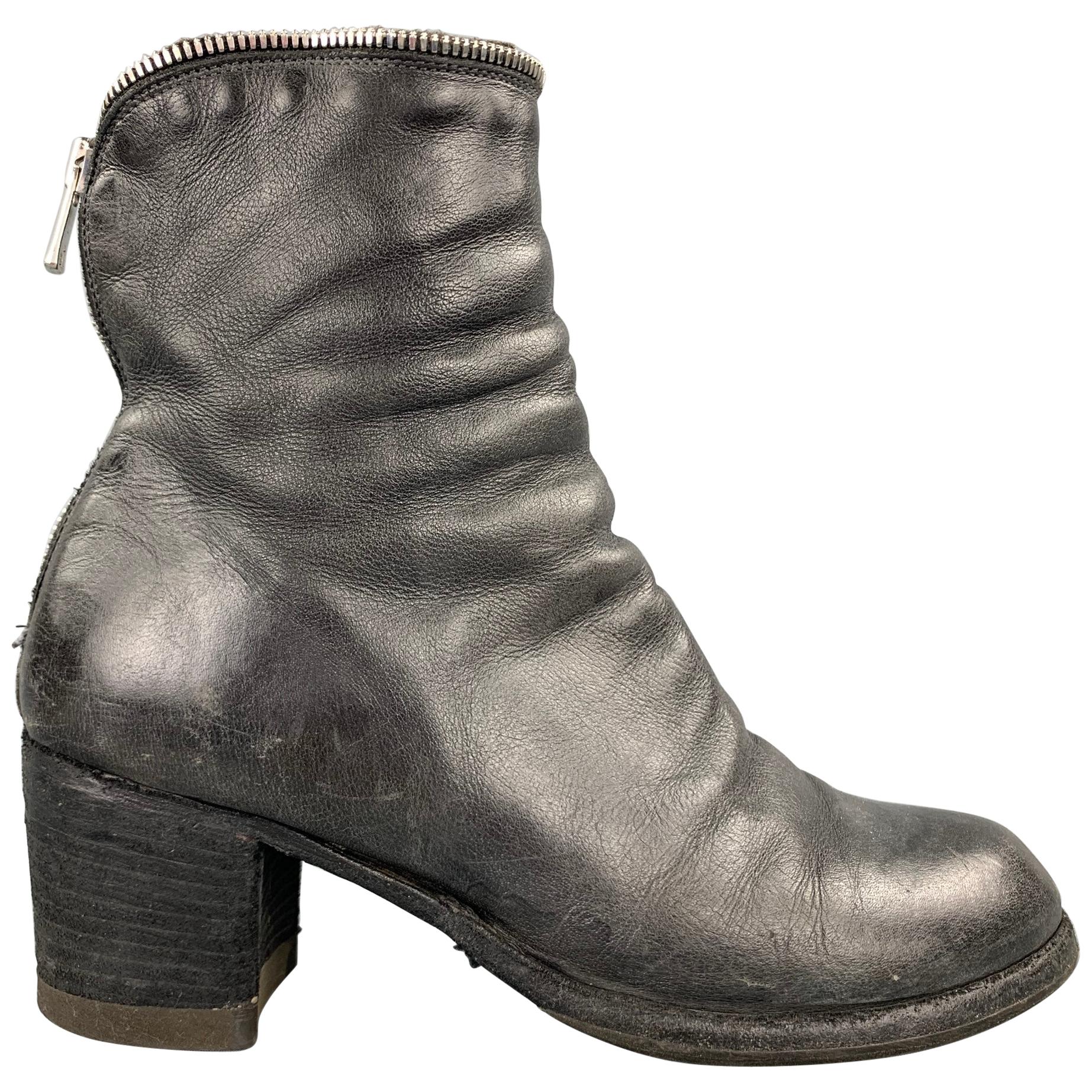 OFFICINE CREATIVE Size 8.5 Charcoal Distressed Leather Zipper Ankle Boots  at 1stDibs