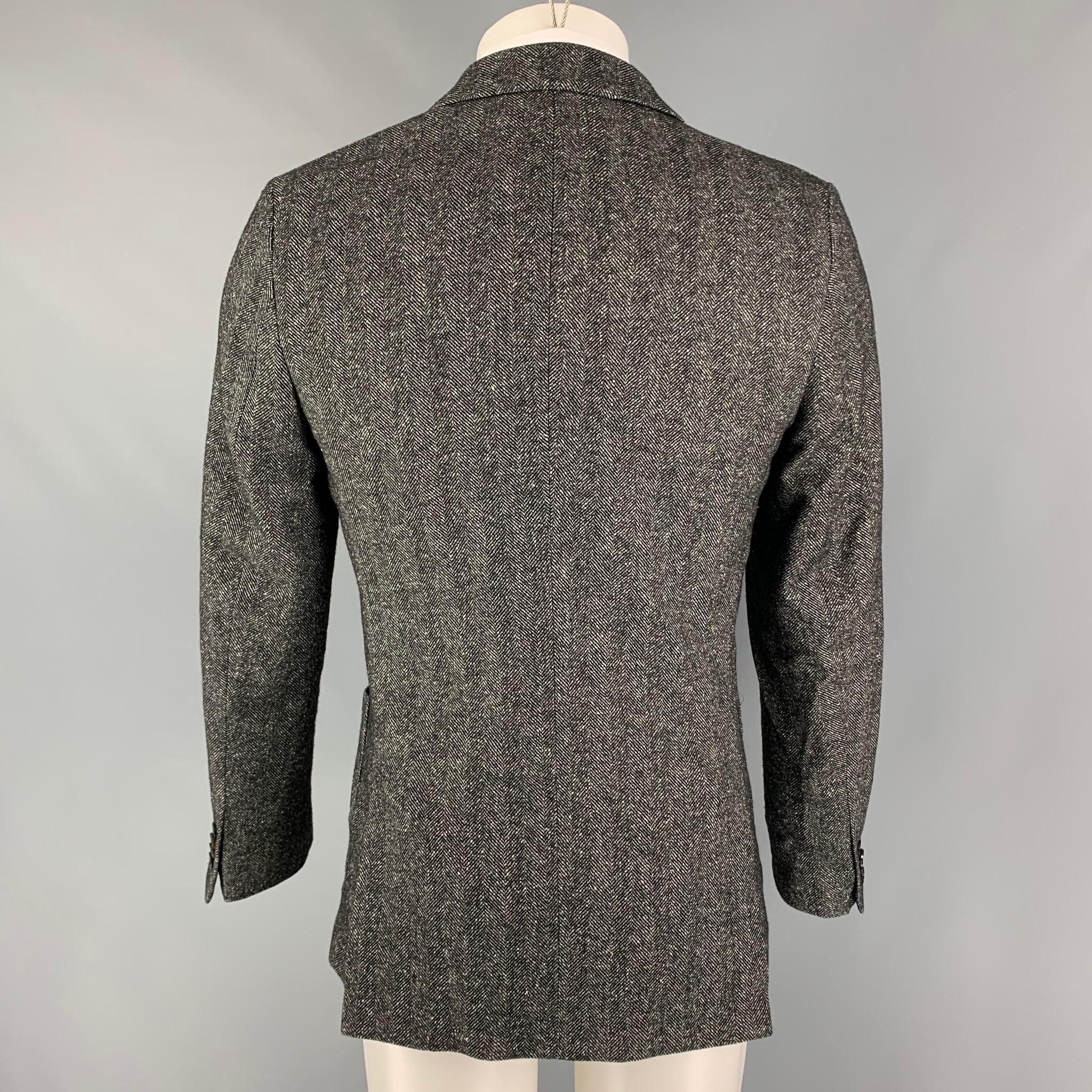 Men's OFFICINE GENERALE Size 38 Black White Herringbone Wool Silk Sport Coat