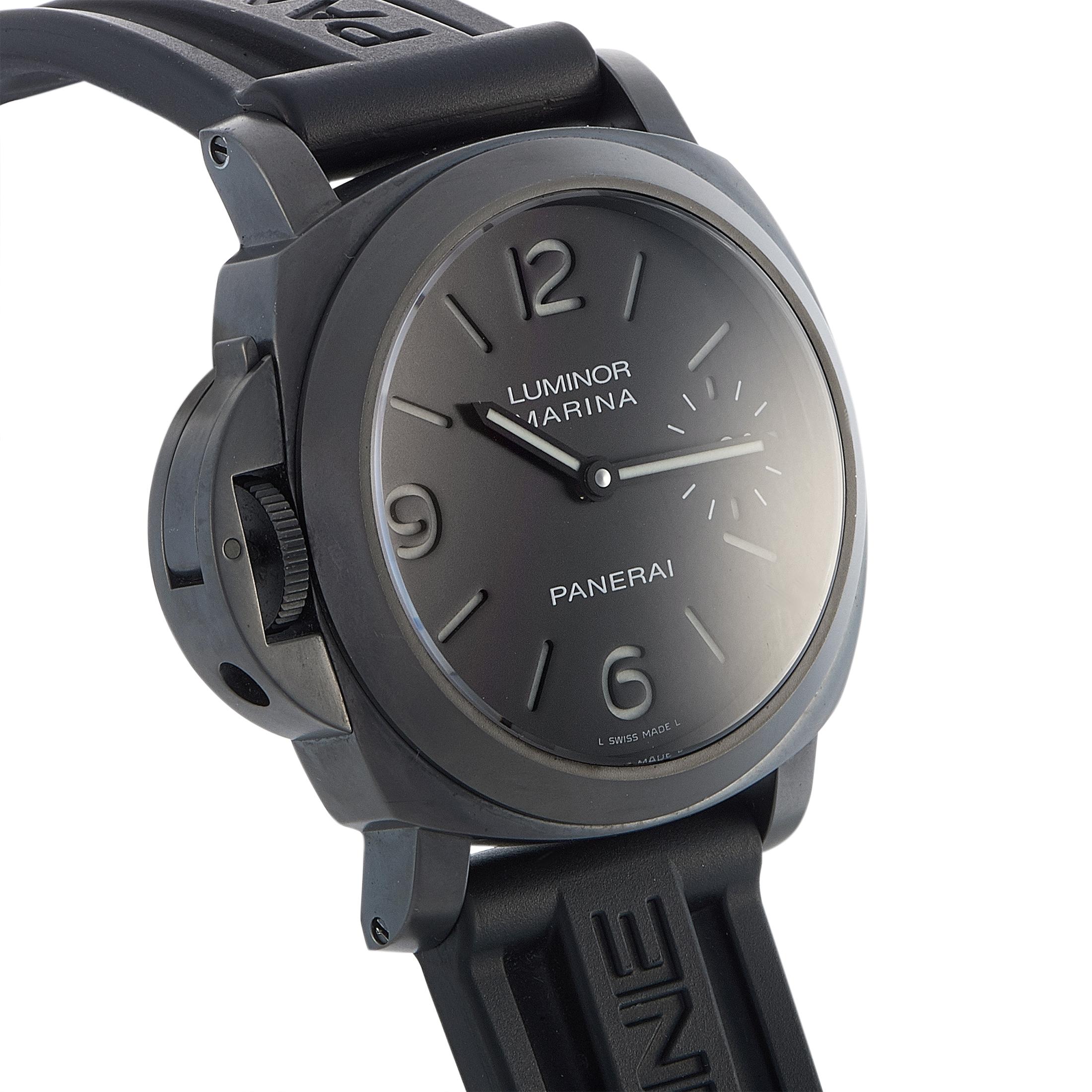 The Officine Panerai Luminor Marina Left-Handed - 44 mm, reference number PAM00026, is presented in an edition limited to 1,000 pieces.

The watch comes with a PVD-coated stainless steel case that measures 44 mm in diameter. This model is equipped