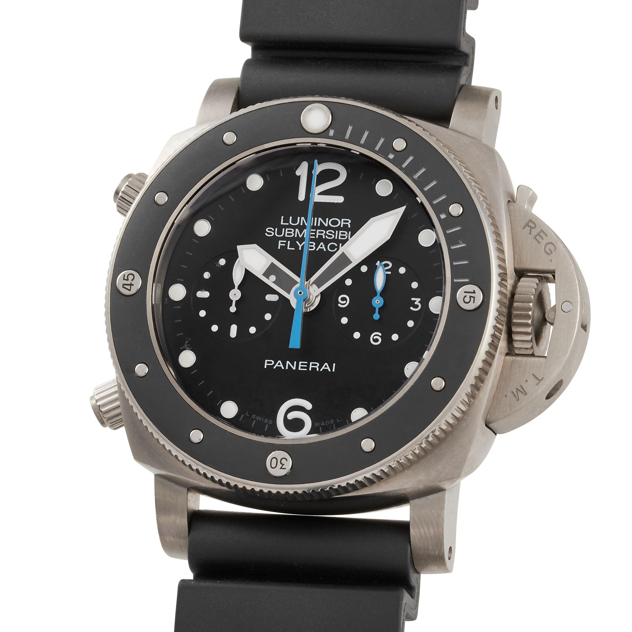 This Officine Panerai Luminor Submersible 1950 3 Days Flyback Chronograph Watch, reference number PAM00615, features a brushed titanium case that measures 47mm in diameter. The uni-directional rotating coin edge bezel is made of ceramic and shows