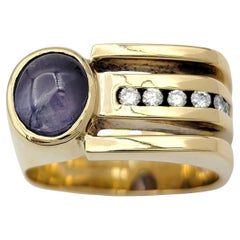 Offset Cabochon Cut Purple Sapphire and Diamond Squared Band Ring 14 Karat Gold