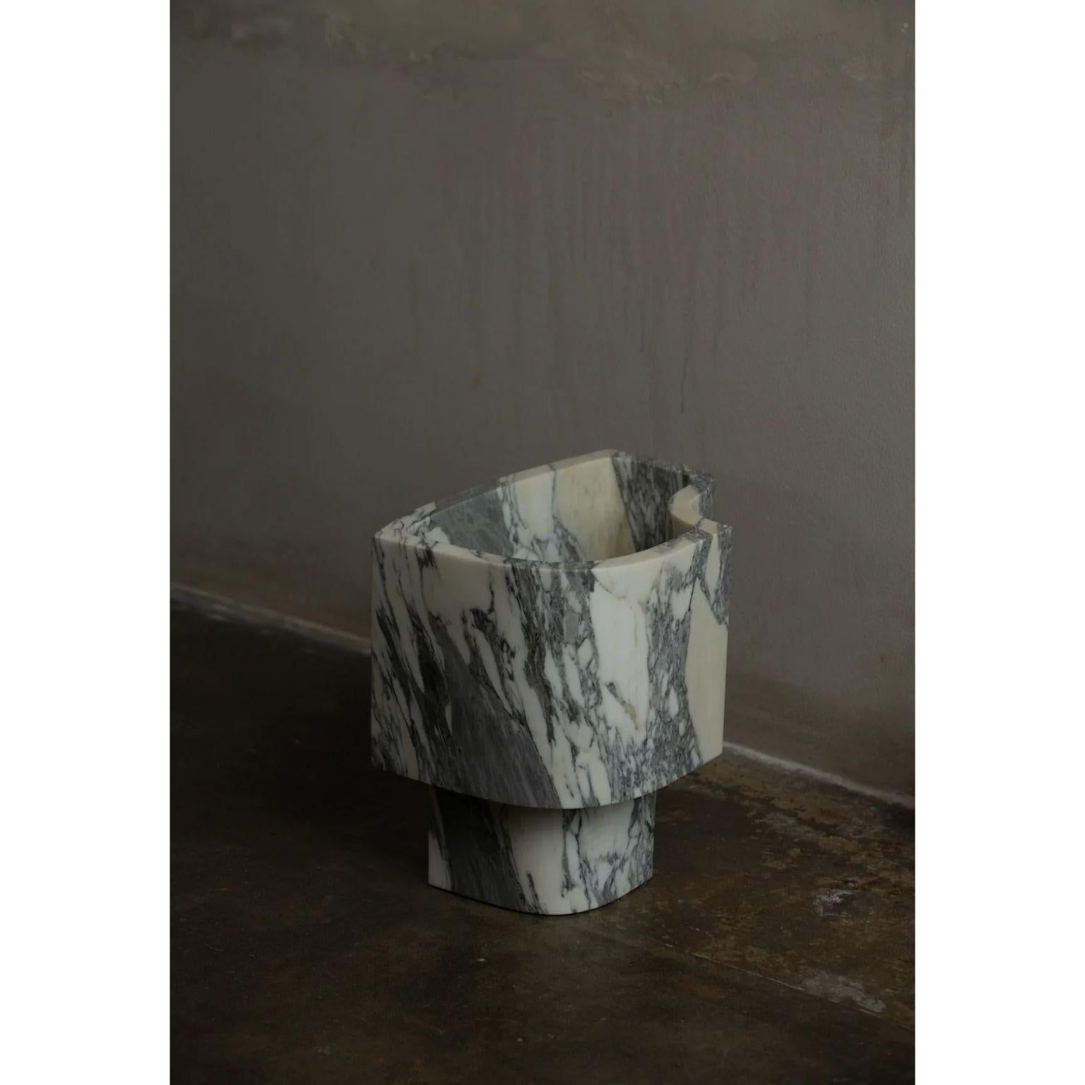 Arabescato Offset Lamp by Henry Wilson
Dimensions: W 44.5 x D 30 x H 39 cm
Materials: Arabescato Marble

Offset Lamp is hewn from two pieces of solid Arabescato Marble. As stone is a natural material, variations of the pattern will occur from piece