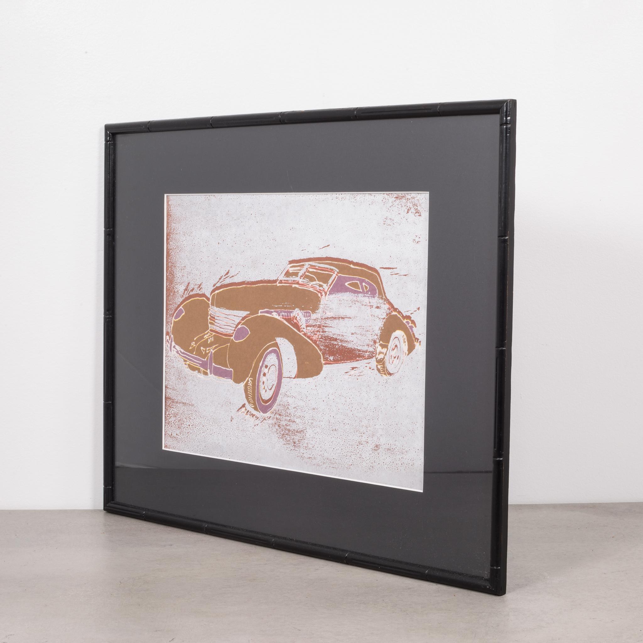 One piece has sold. There are 4 now. 

About

This is an original offset lithograph car series framed in a painted, faux bamboo vintage frame. Each piece has been recently professionally framed. There are four different colors of cars and the pieces