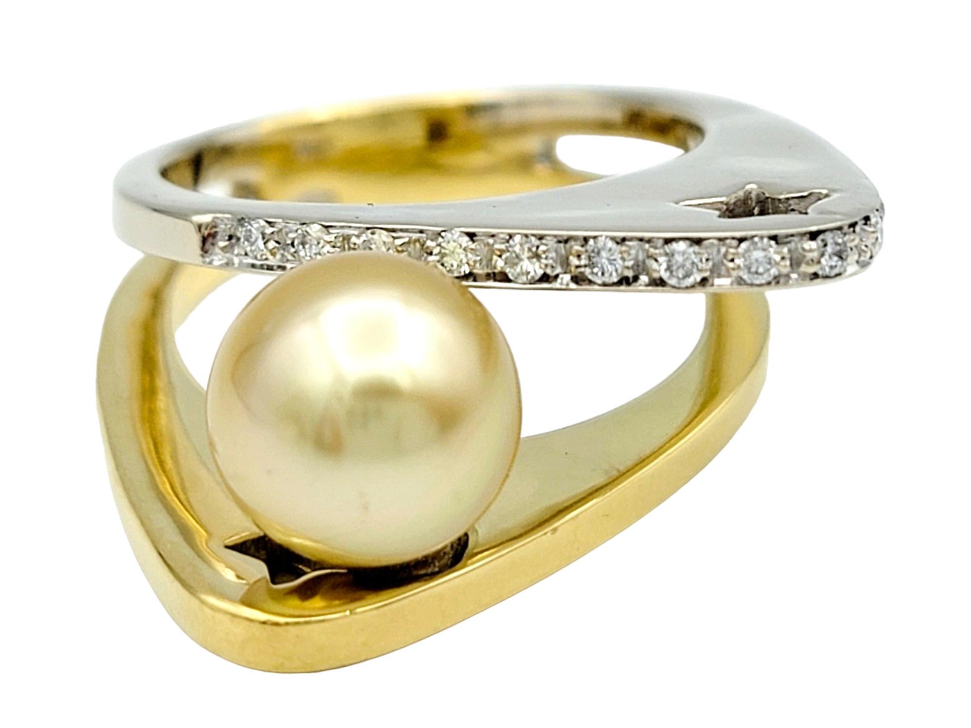 Round Cut Offset Pearl and Pavé Diamond Geometric Star Cutout Ring in Two-Toned 18K Gold For Sale