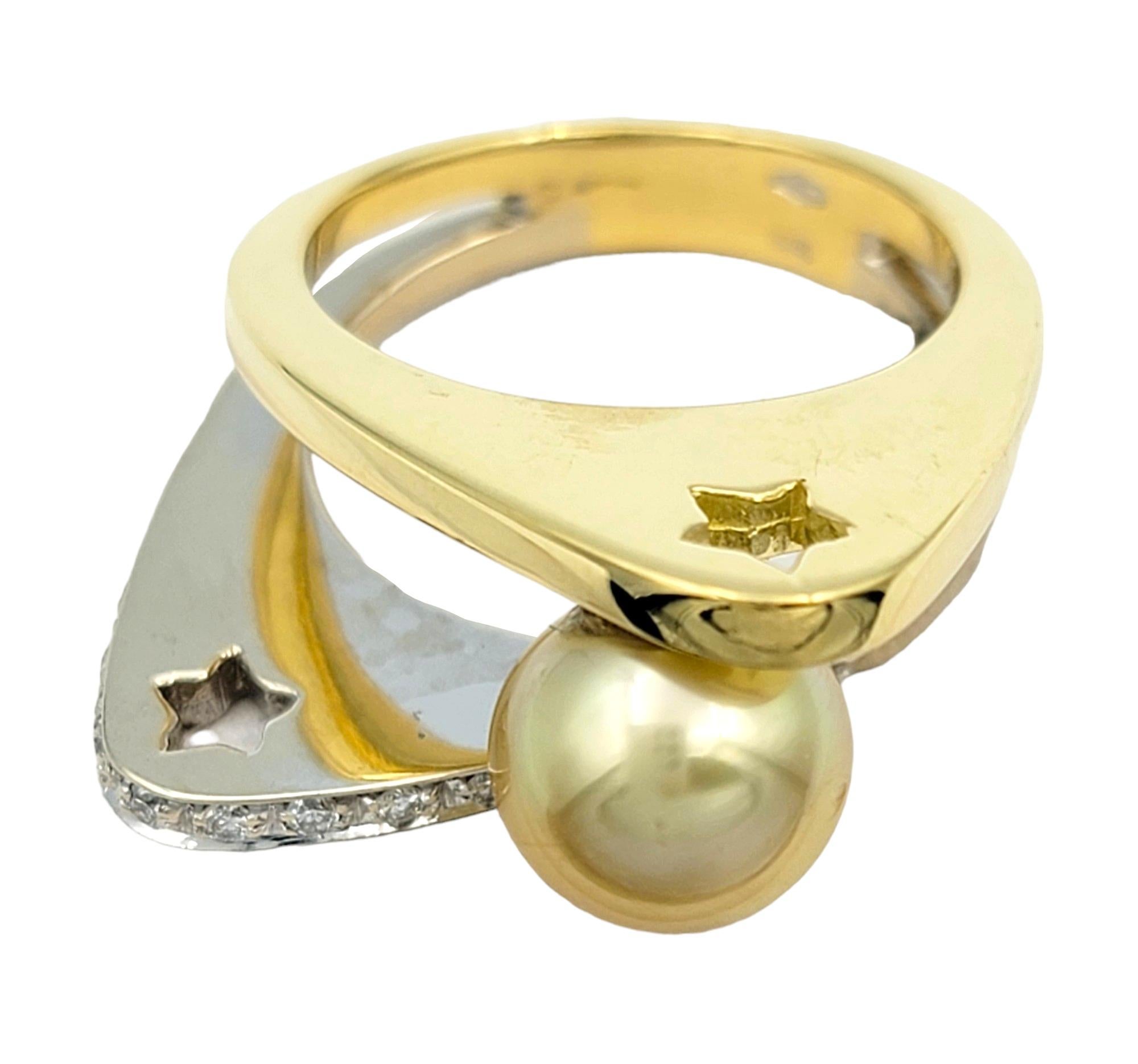 Women's Offset Pearl and Pavé Diamond Geometric Star Cutout Ring in Two-Toned 18K Gold For Sale