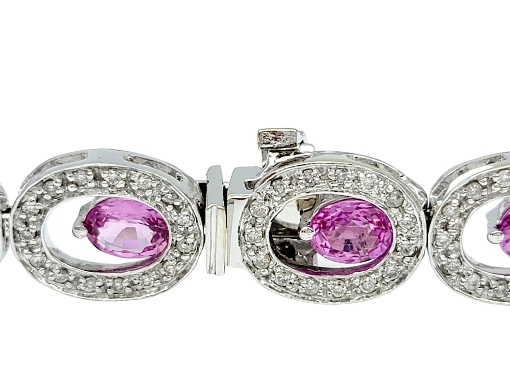 Offset Pink Sapphire and Diamond Halo O-Link Bracelet in 14 Karat White Gold In Good Condition For Sale In Scottsdale, AZ