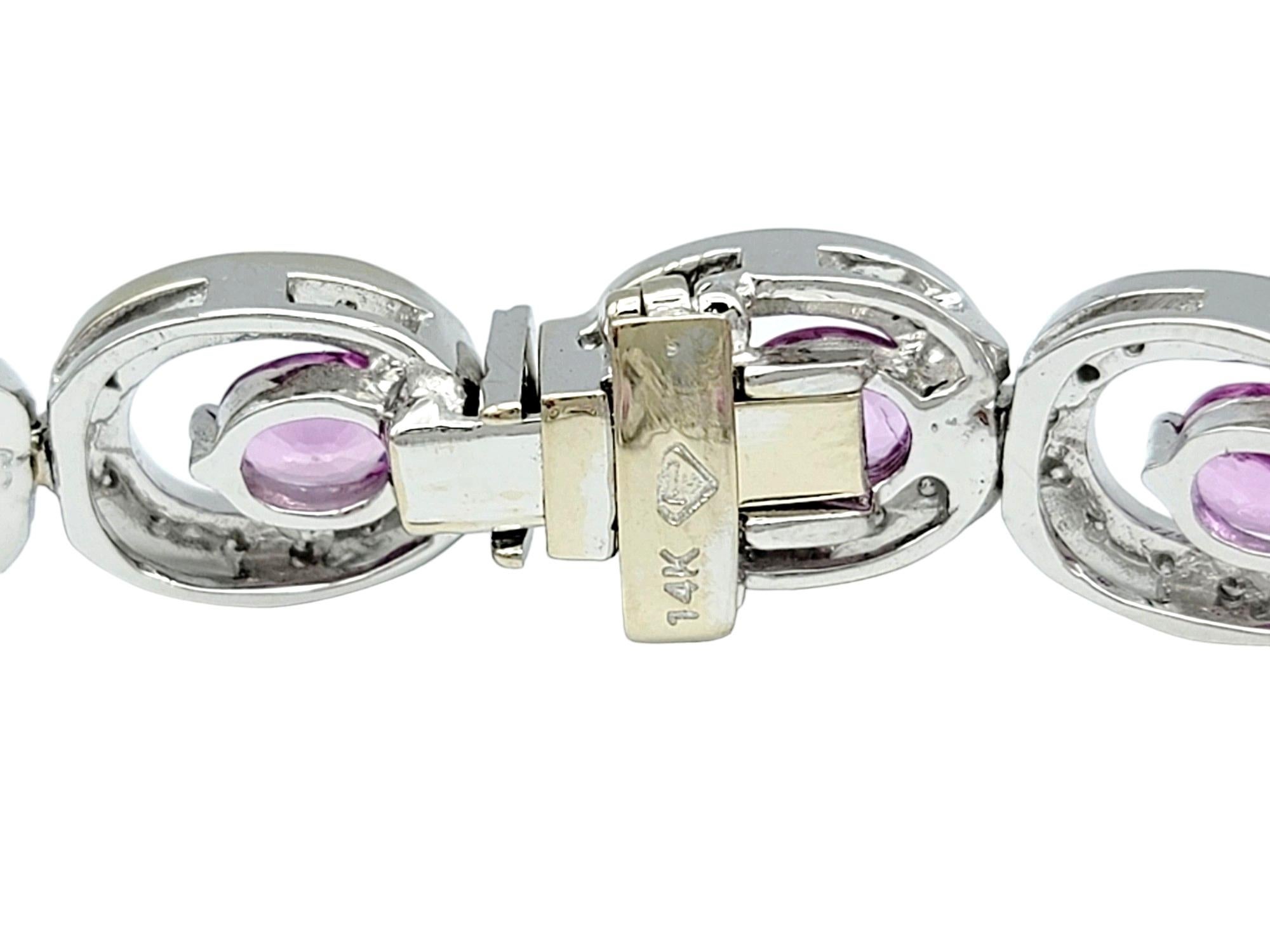 Offset Pink Sapphire and Diamond Halo O-Link Bracelet in 14 Karat White Gold For Sale 1