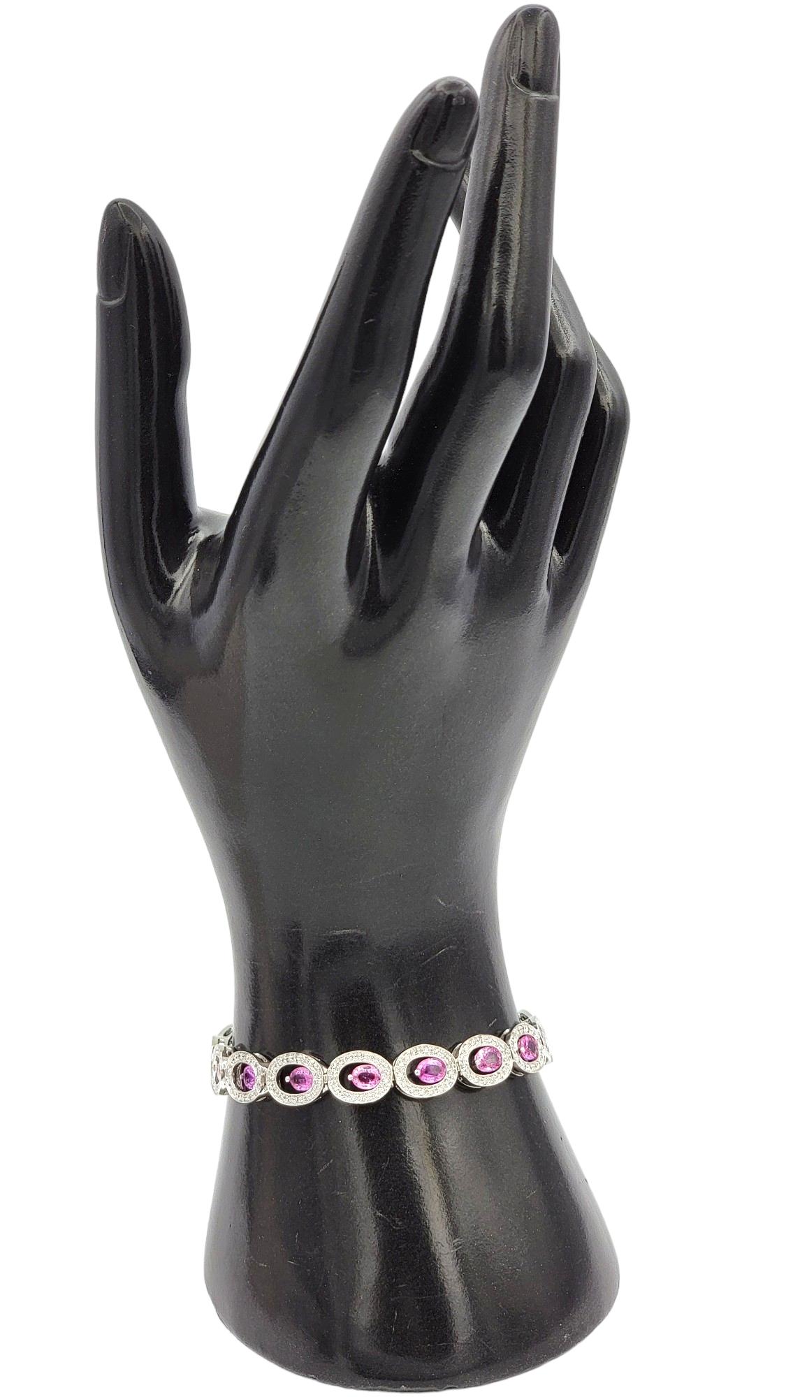 Offset Pink Sapphire and Diamond Halo O-Link Bracelet in 14 Karat White Gold For Sale 2