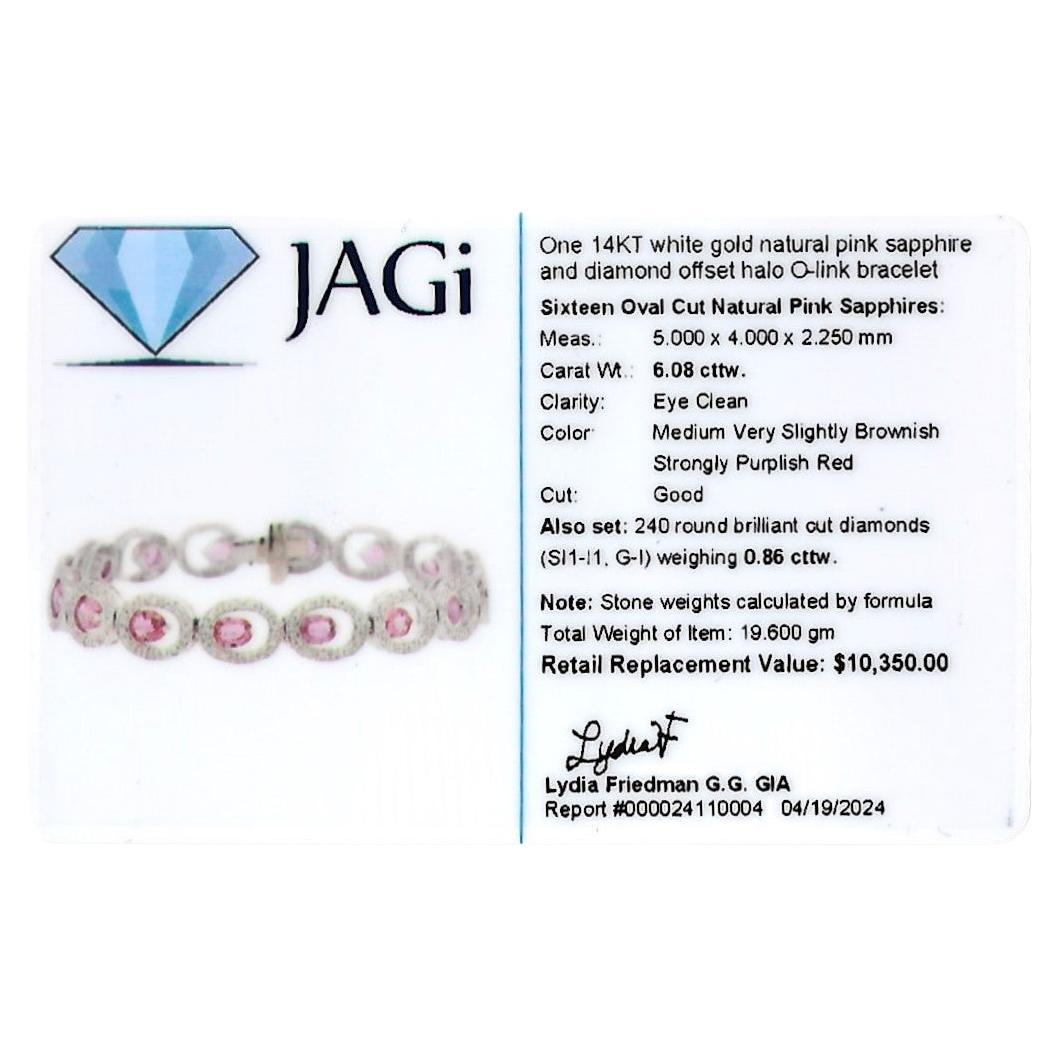 Offset Pink Sapphire and Diamond Halo O-Link Bracelet in 14 Karat White Gold For Sale 3