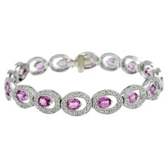 Offset Pink Sapphire and Diamond Halo O-Link Bracelet in 14 Karat White Gold