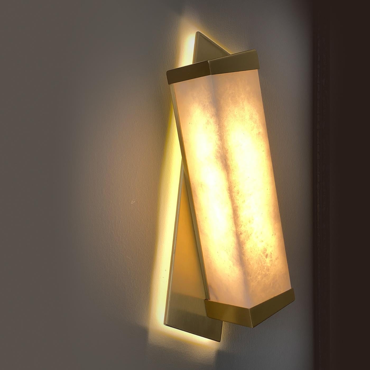 Contemporary Offset Rectangular Brass and Alabaster Sconce For Sale