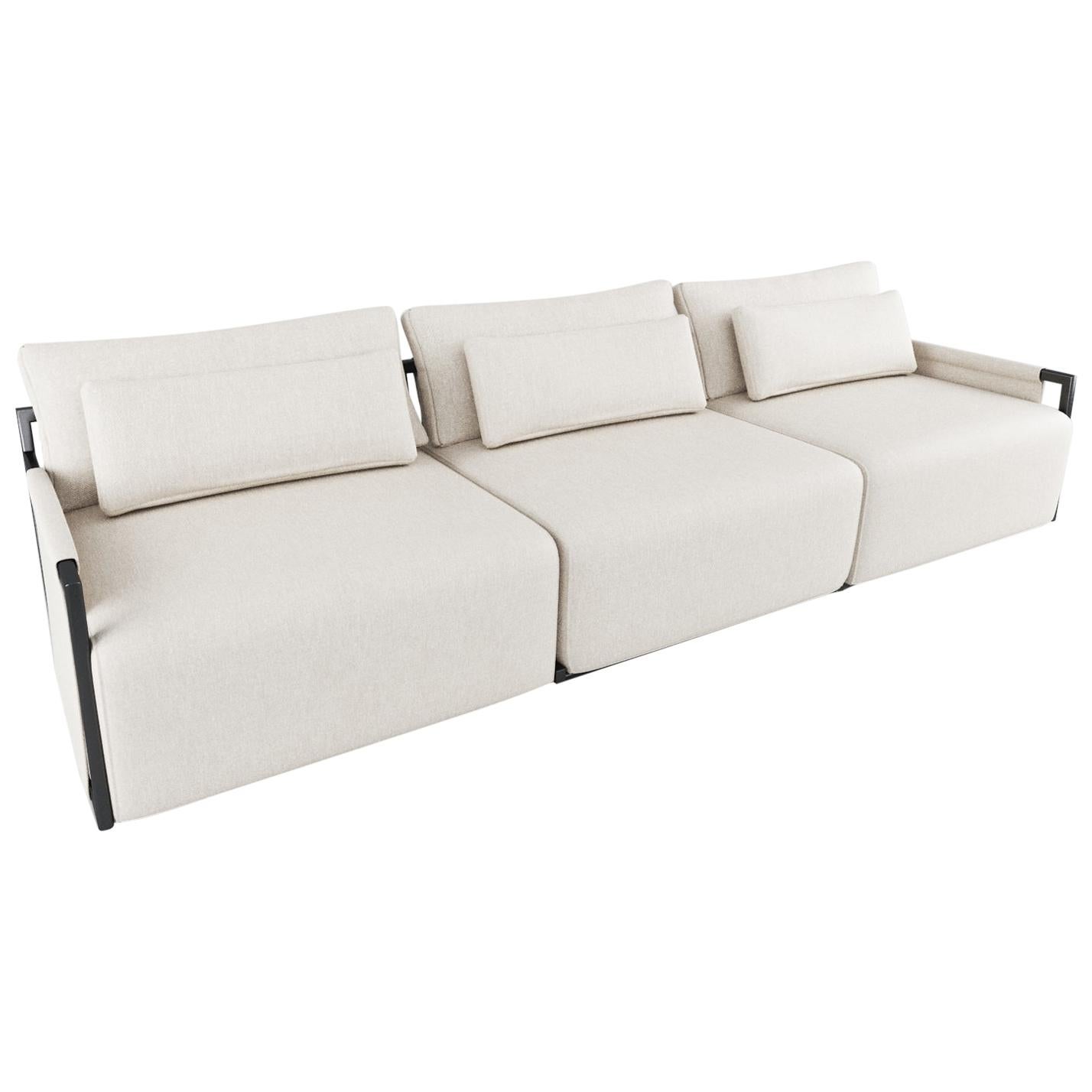 Sectional Sofa Home, Offwhite Fabric and Black Metal For Sale