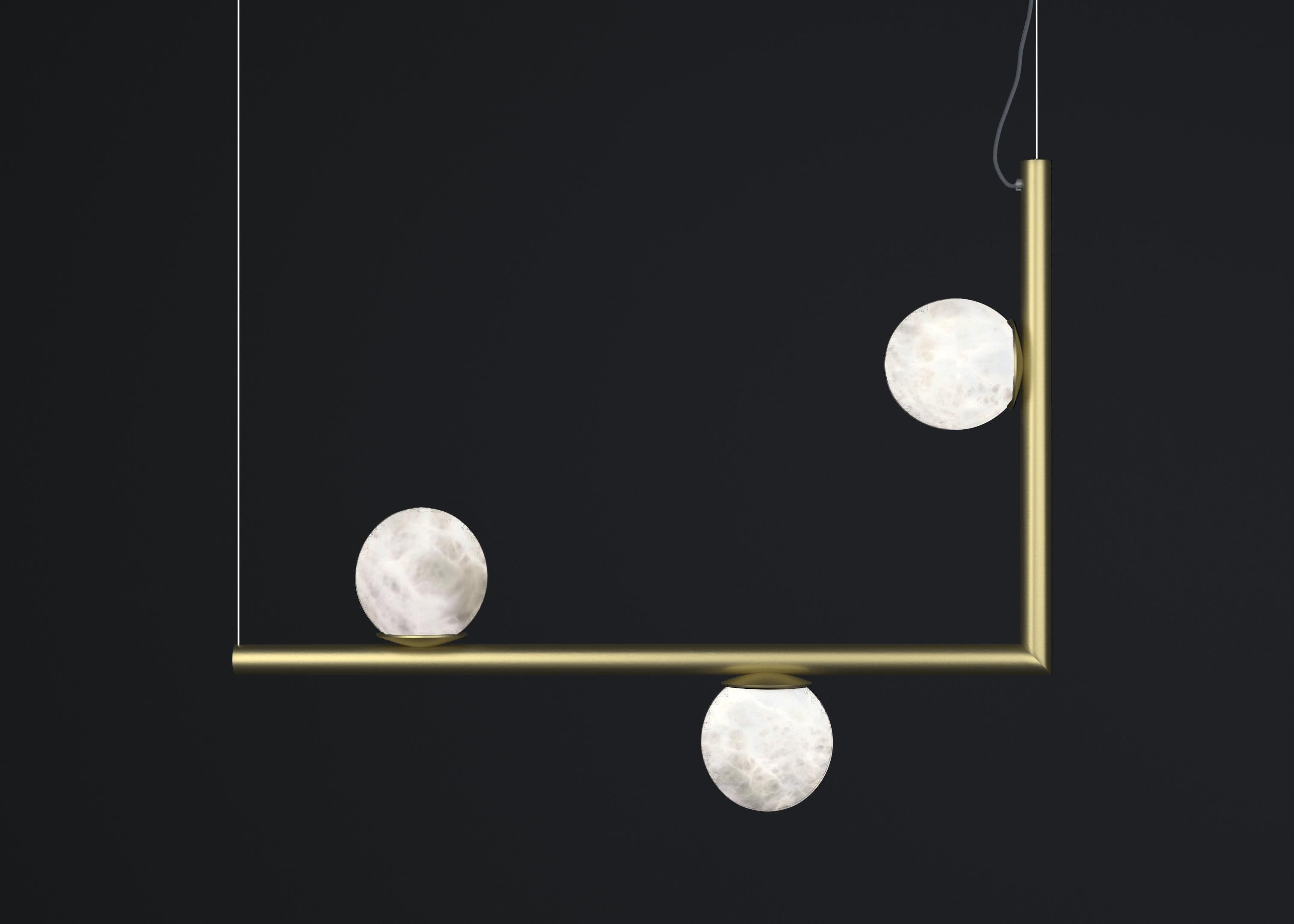 Ofione 1 Brushed Brass Pendant Lamp by Alabastro Italiano
Dimensions: D 15 x W 85 x H 64 cm.
Materials: White alabaster and brass.

Available in different finishes: Shiny Silver, Bronze, Brushed Brass, Ruggine of Florence, Brushed Burnished, Shiny