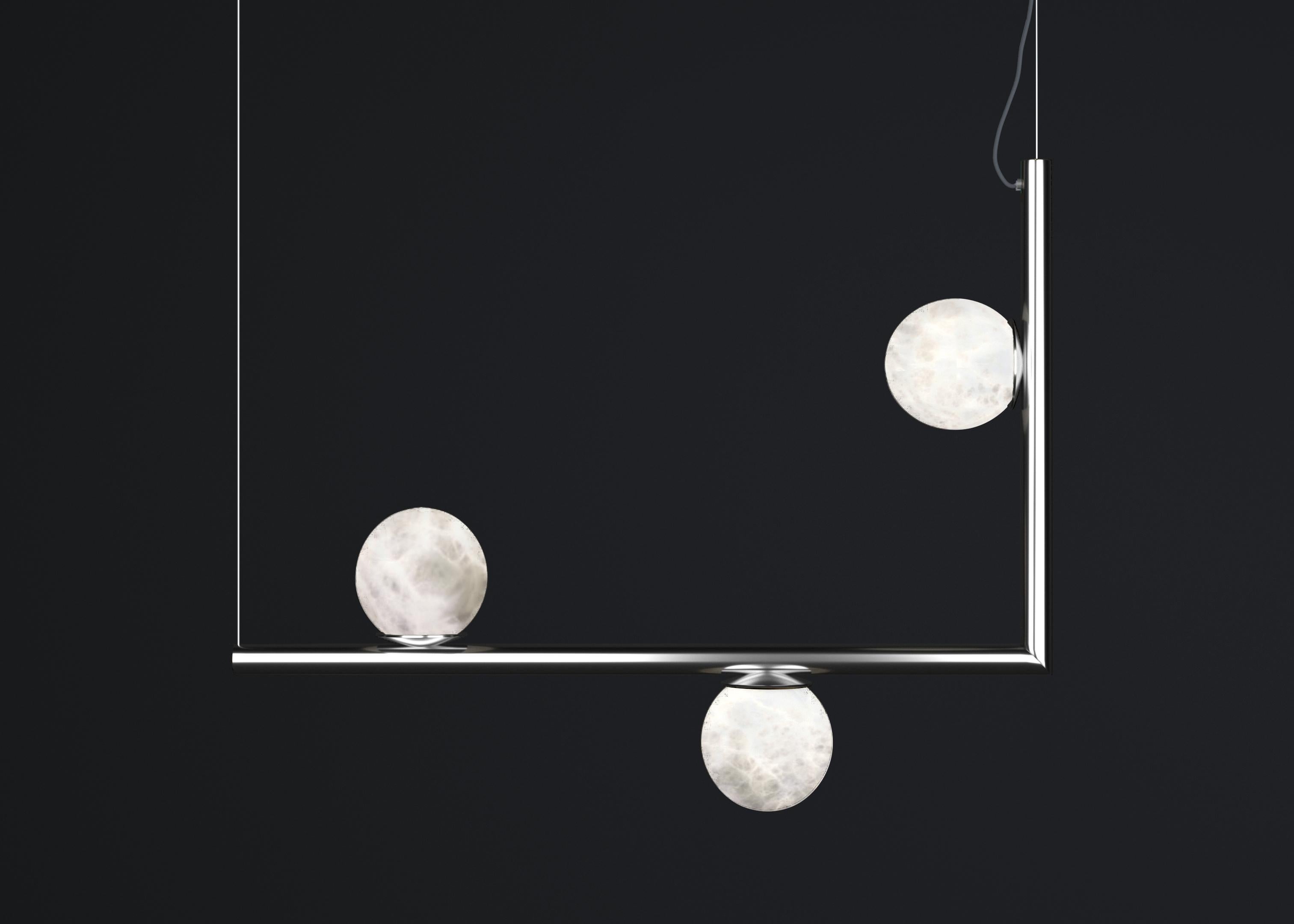Ofione 1 Shiny Silver Metal Pendant Lamp by Alabastro Italiano
Dimensions: D 15 x W 85 x H 64 cm.
Materials: White alabaster and metal.

Available in different finishes: Shiny Silver, Bronze, Brushed Brass, Ruggine of Florence, Brushed Burnished,