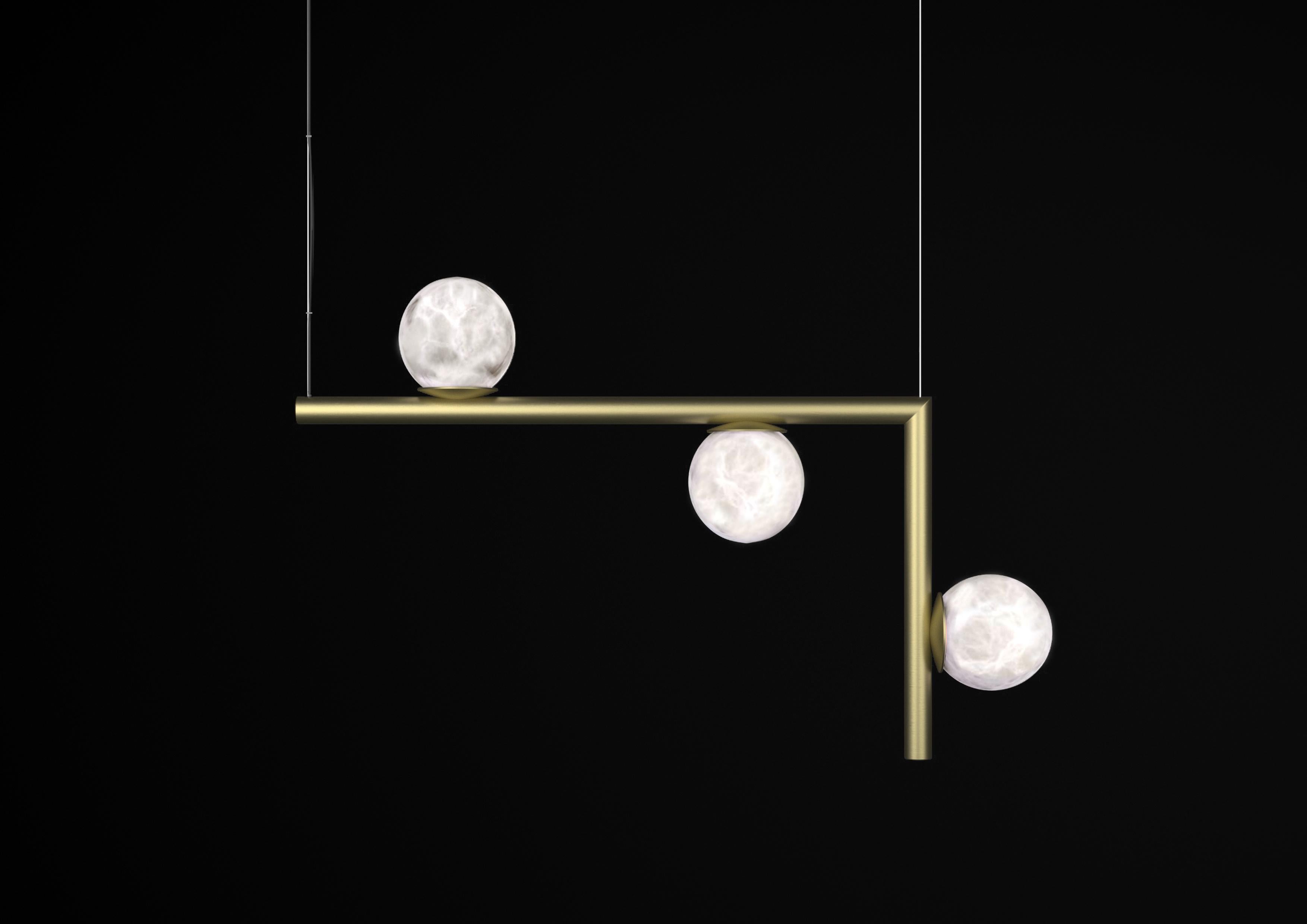 Ofione 2 Brushed Brass Pendant Lamp by Alabastro Italiano
Dimensions: D 14 x W 85 x H 55 cm.
Materials: White alabaster and brass.

Available in different finishes: Shiny Silver, Bronze, Brushed Brass, Ruggine of Florence, Brushed Burnished, Shiny