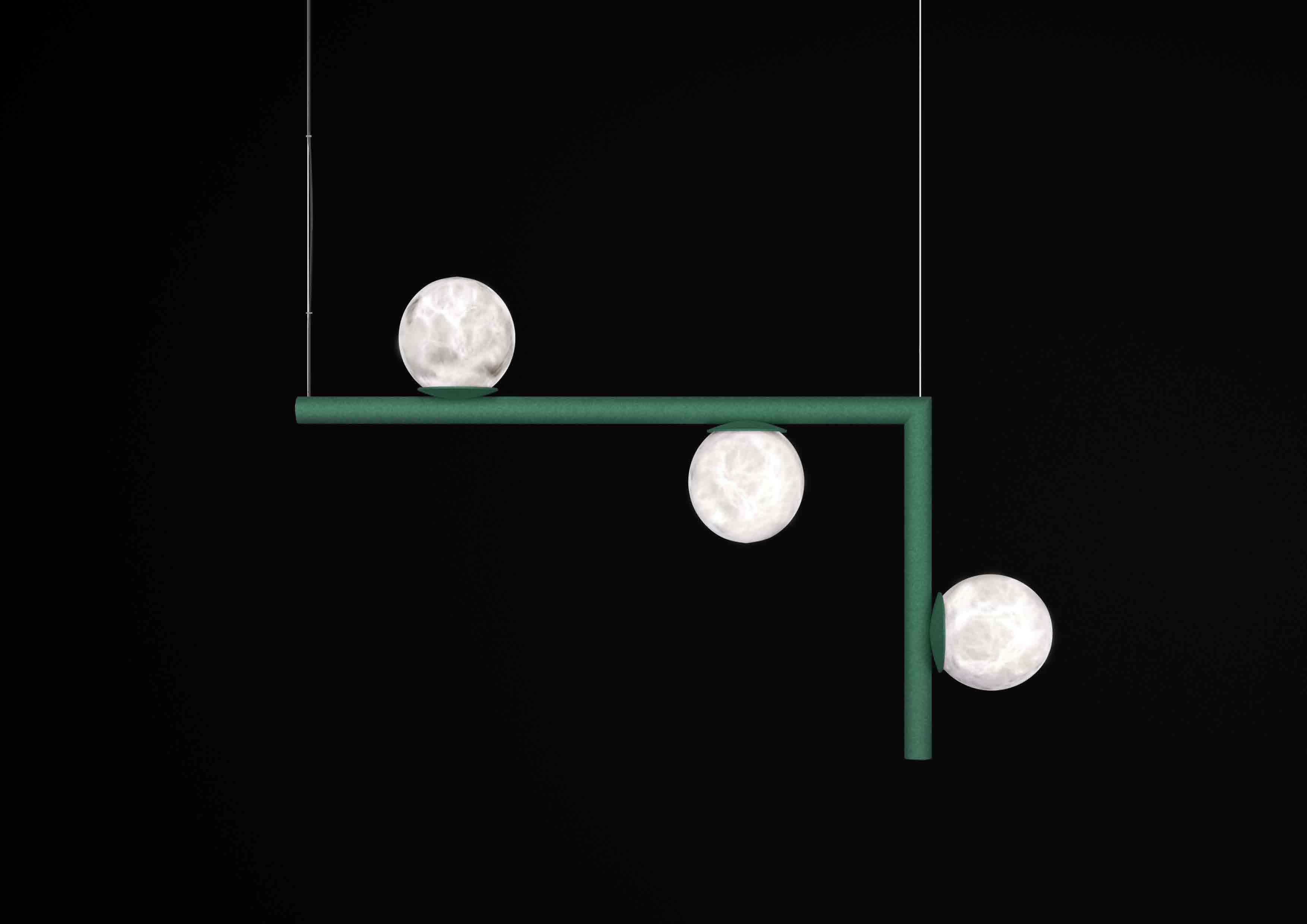 Ofione 2 Freedom Green Metal Pendant Lamp by Alabastro Italiano
Dimensions: D 14 x W 85 x H 55 cm.
Materials: White alabaster and metal.

Available in different finishes: Shiny Silver, Bronze, Brushed Brass, Ruggine of Florence, Brushed Burnished,
