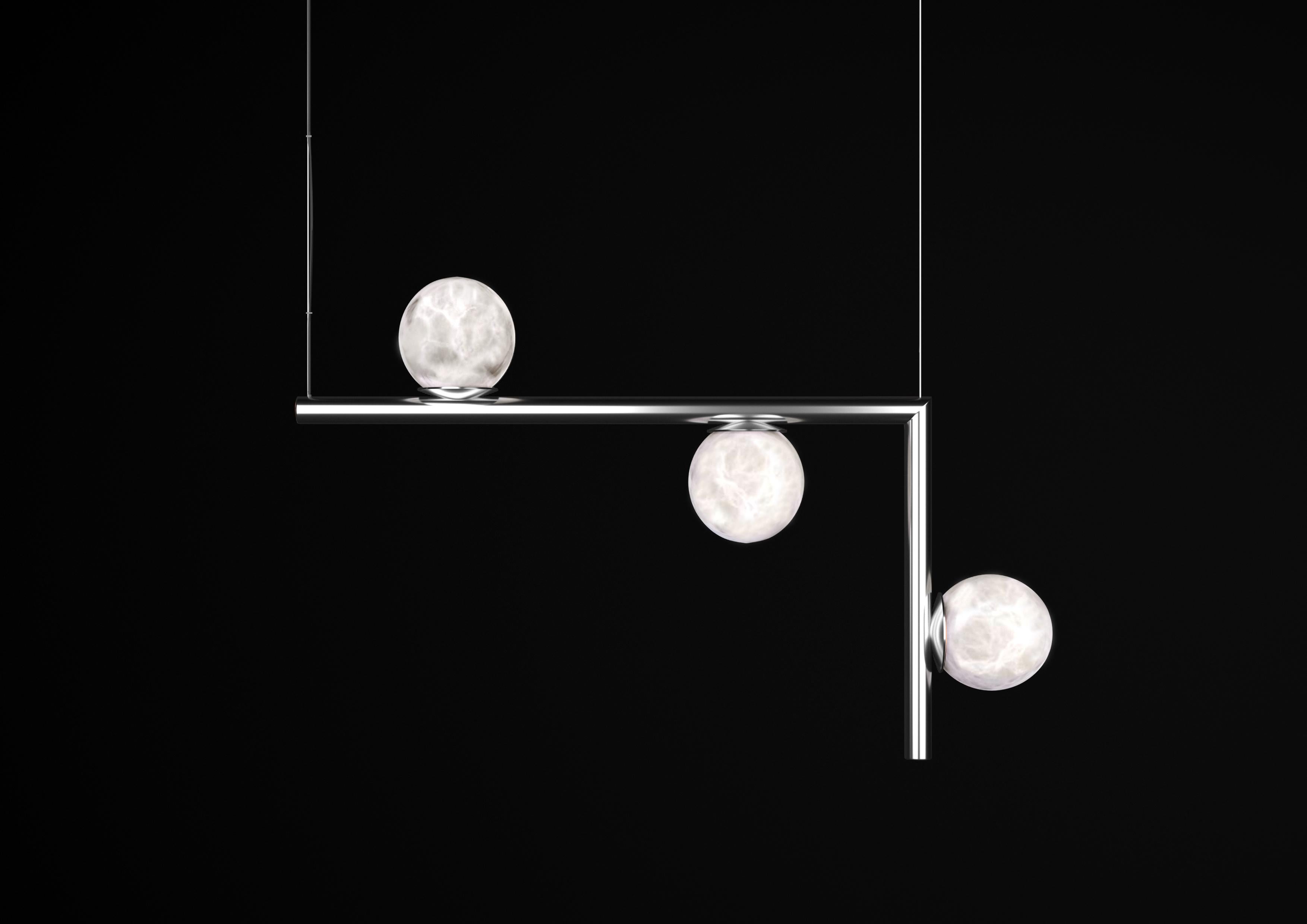Ofione 2 Shiny Silver Metal Pendant Lamp by Alabastro Italiano
Dimensions: D 14 x W 85 x H 55 cm.
Materials: White alabaster and metal.

Available in different finishes: Shiny Silver, Bronze, Brushed Brass, Ruggine of Florence, Brushed Burnished,