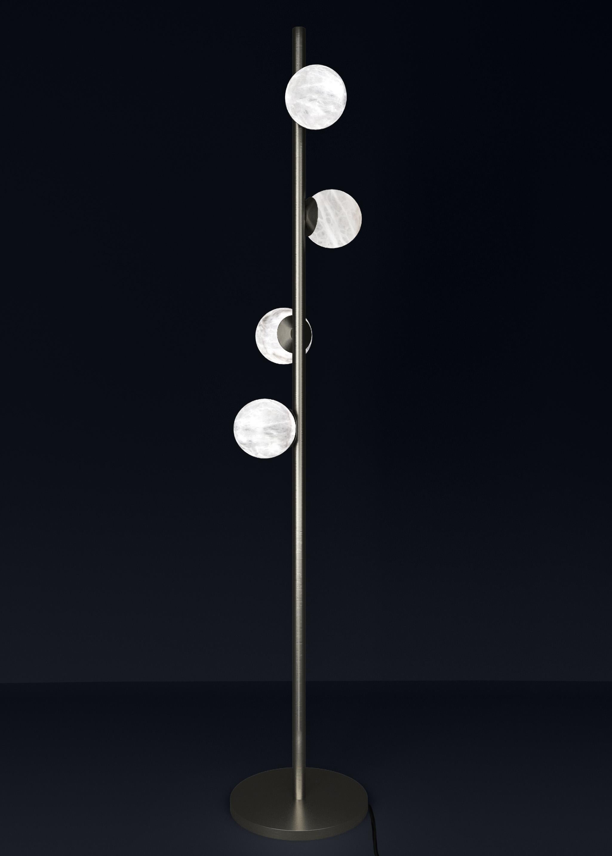 Ofione Brushed Black Metal Floor Lamp by Alabastro Italiano
Dimensions: D 50 x W 50 x H 170 cm.
Materials: White alabaster and metal.

Available in different finishes: Shiny Silver, Bronze, Brushed Brass, Matte Black, Ruggine of Florence, Brushed
