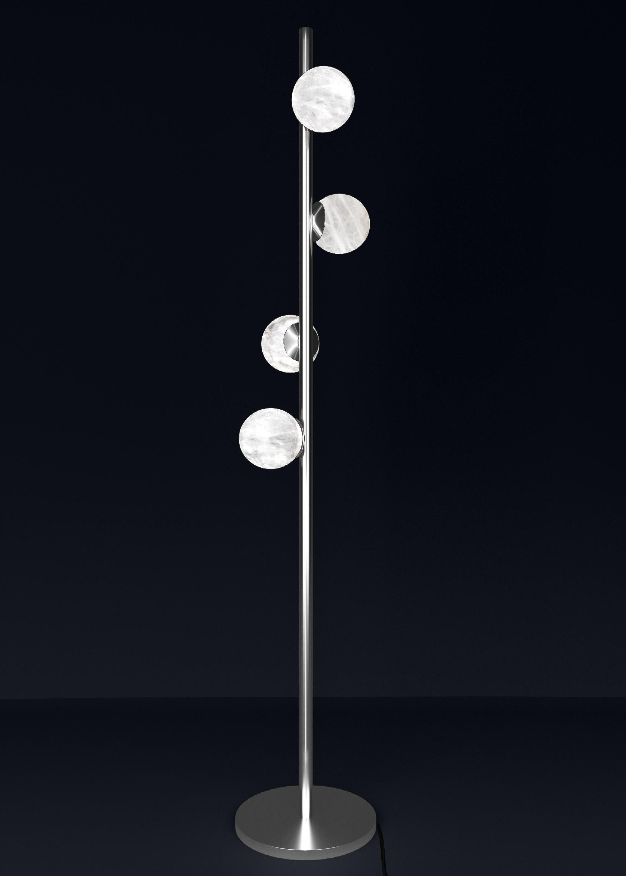 Ofione Shiny Silver Metal Floor Lamp by Alabastro Italiano
Dimensions: D 50 x W 50 x H 170 cm.
Materials: White alabaster and metal.

Available in different finishes: Shiny Silver, Bronze, Brushed Brass, Matte Black, Ruggine of Florence, Brushed