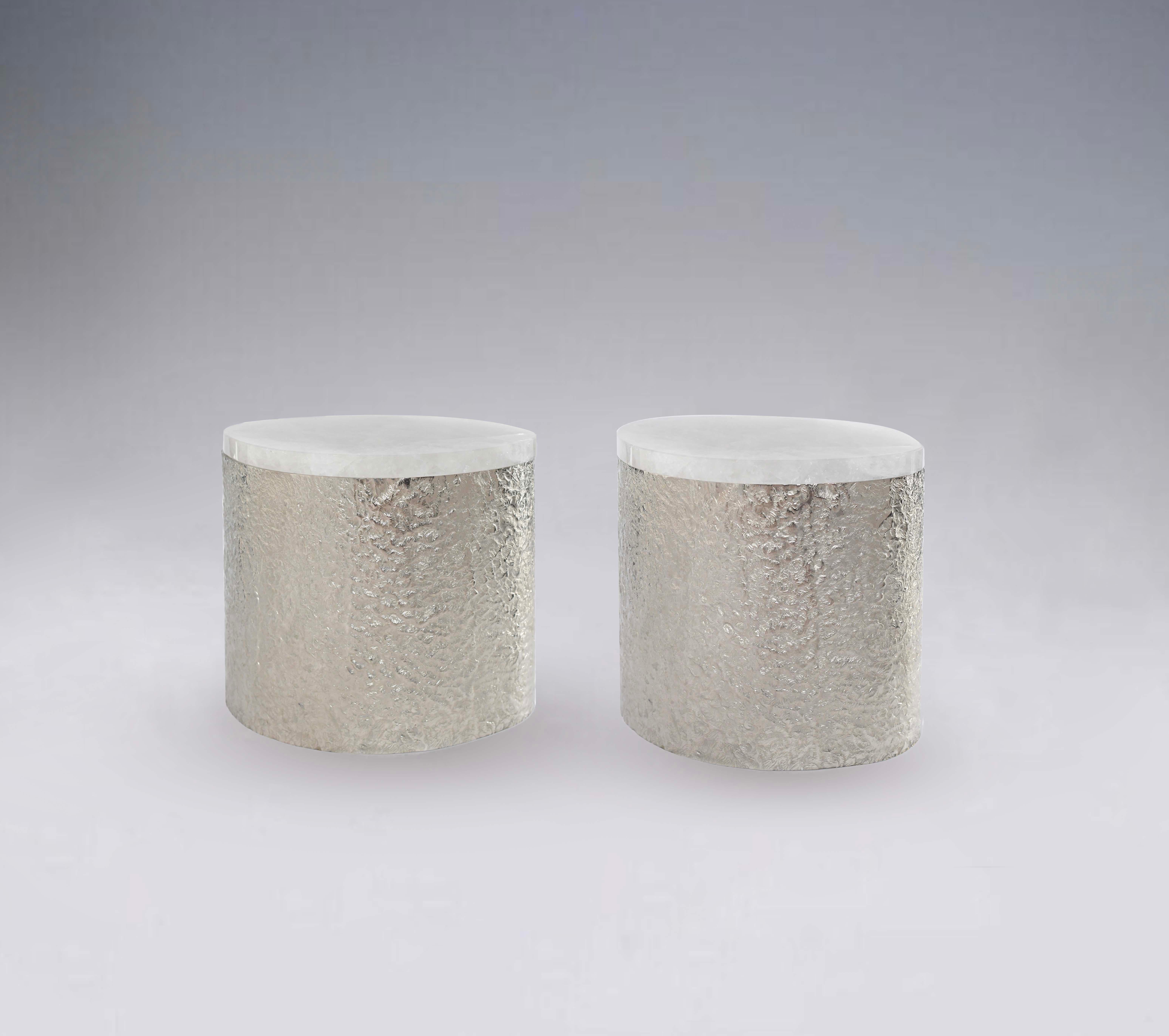 Pair of hammered nickel plating rock crystal cocktail tables. Created by Phoenix Gallery.
Custom size upon request.