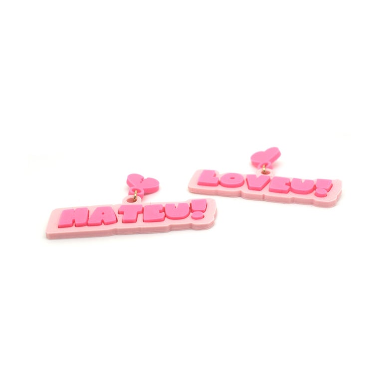 3D Printed LOVE U HATE U Earrings - OG Pink For Sale at 1stDibs