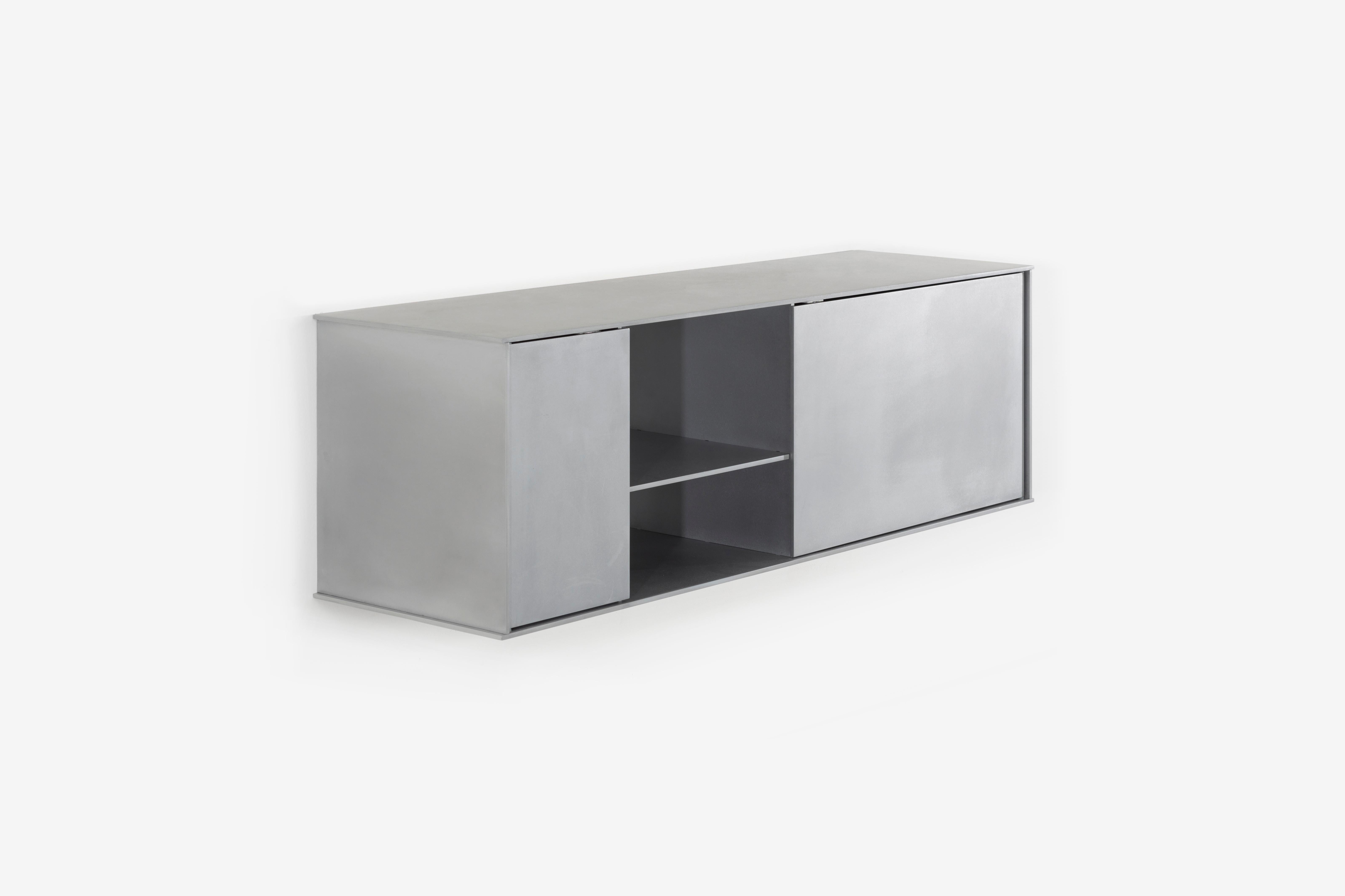 Welded OG Wall-Mounted Shelf with Doors in Waxed Aluminum Plate by Jonathan Nesci For Sale