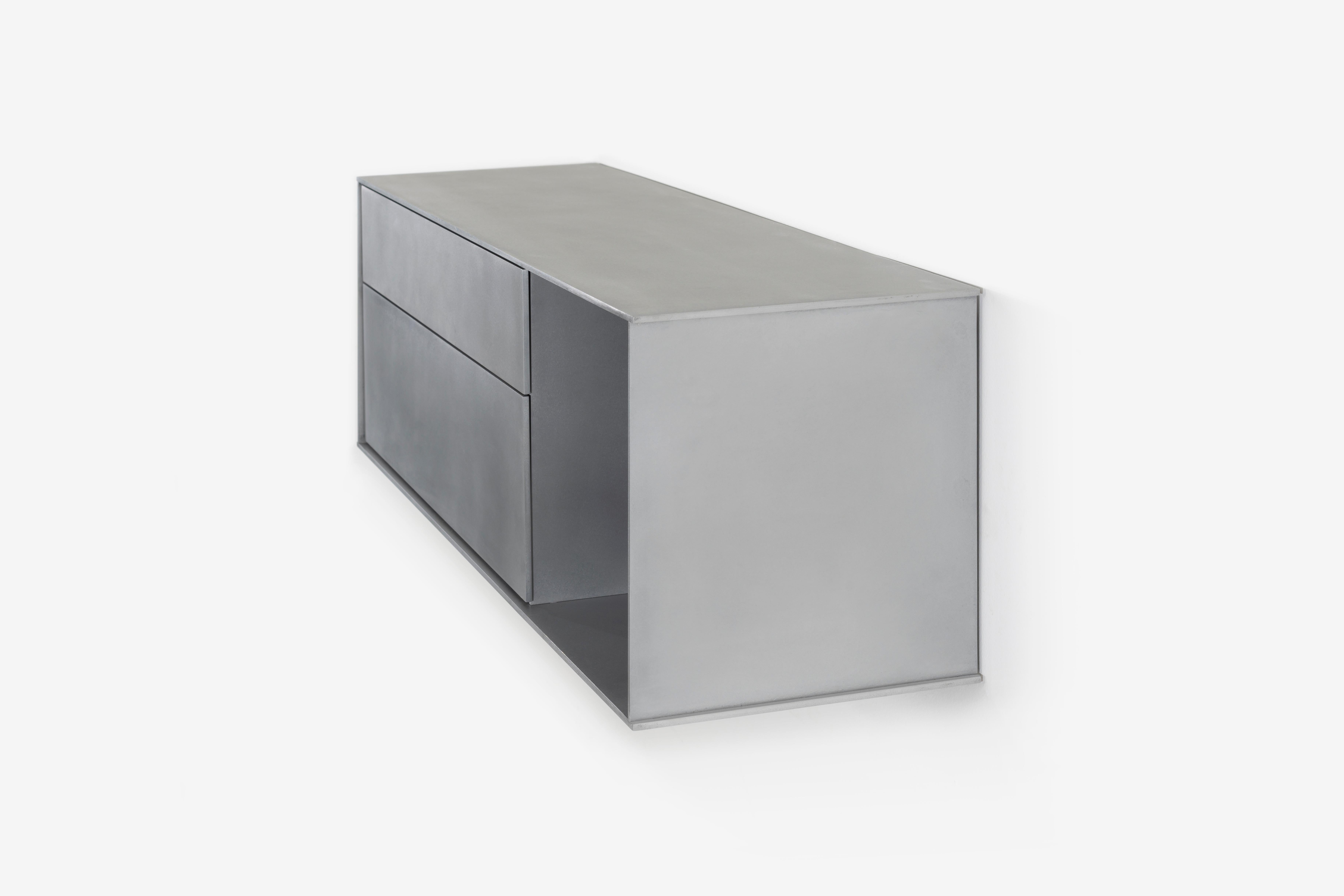 OG-Wandregal mit Schubladen in gewachstem Aluminiumblech von Jonathan Nesci im Angebot 3