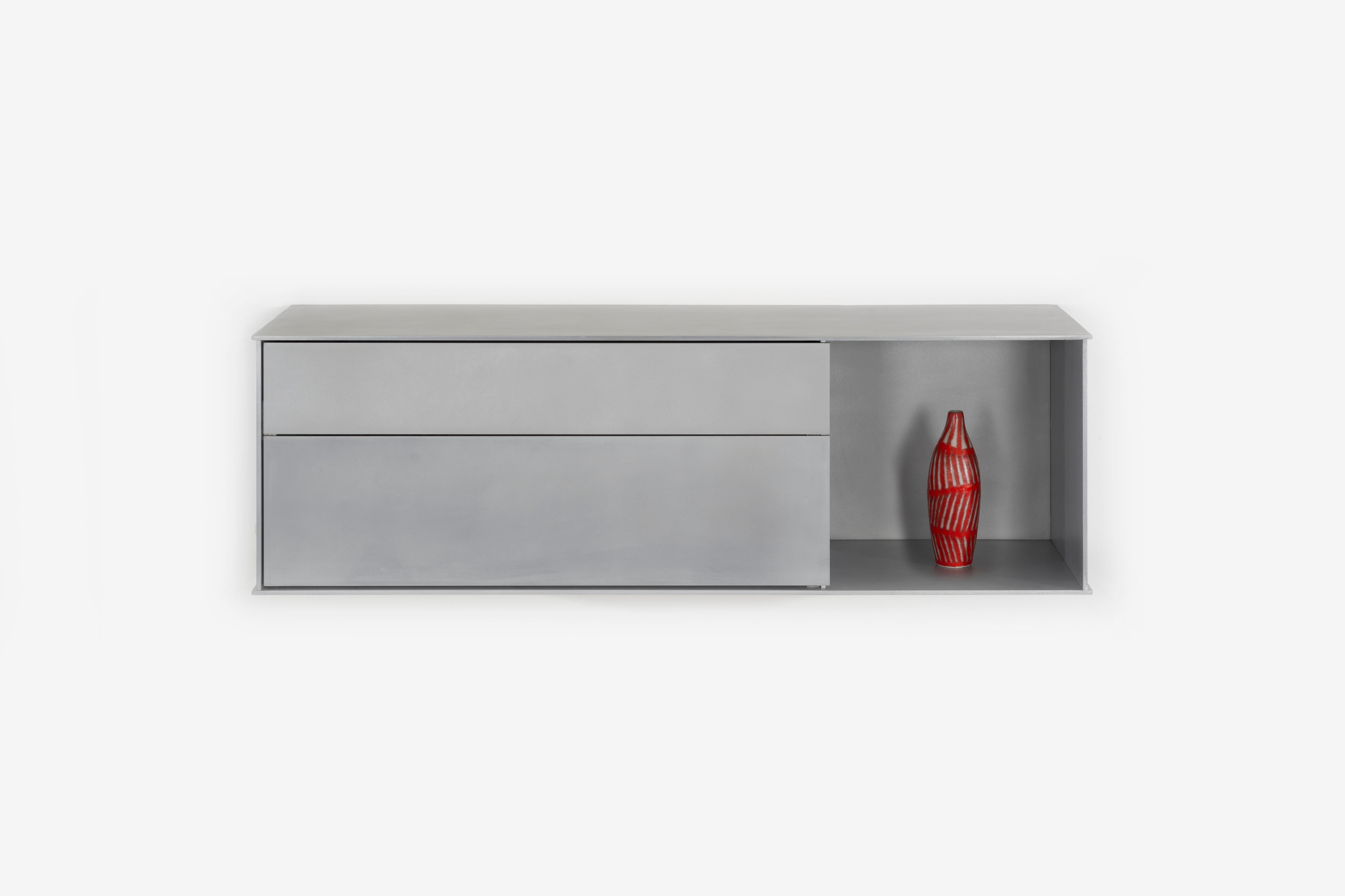 OG Wall-Mounted Shelf with Drawers in Waxed Aluminum Plate by Jonathan Nesci For Sale 3