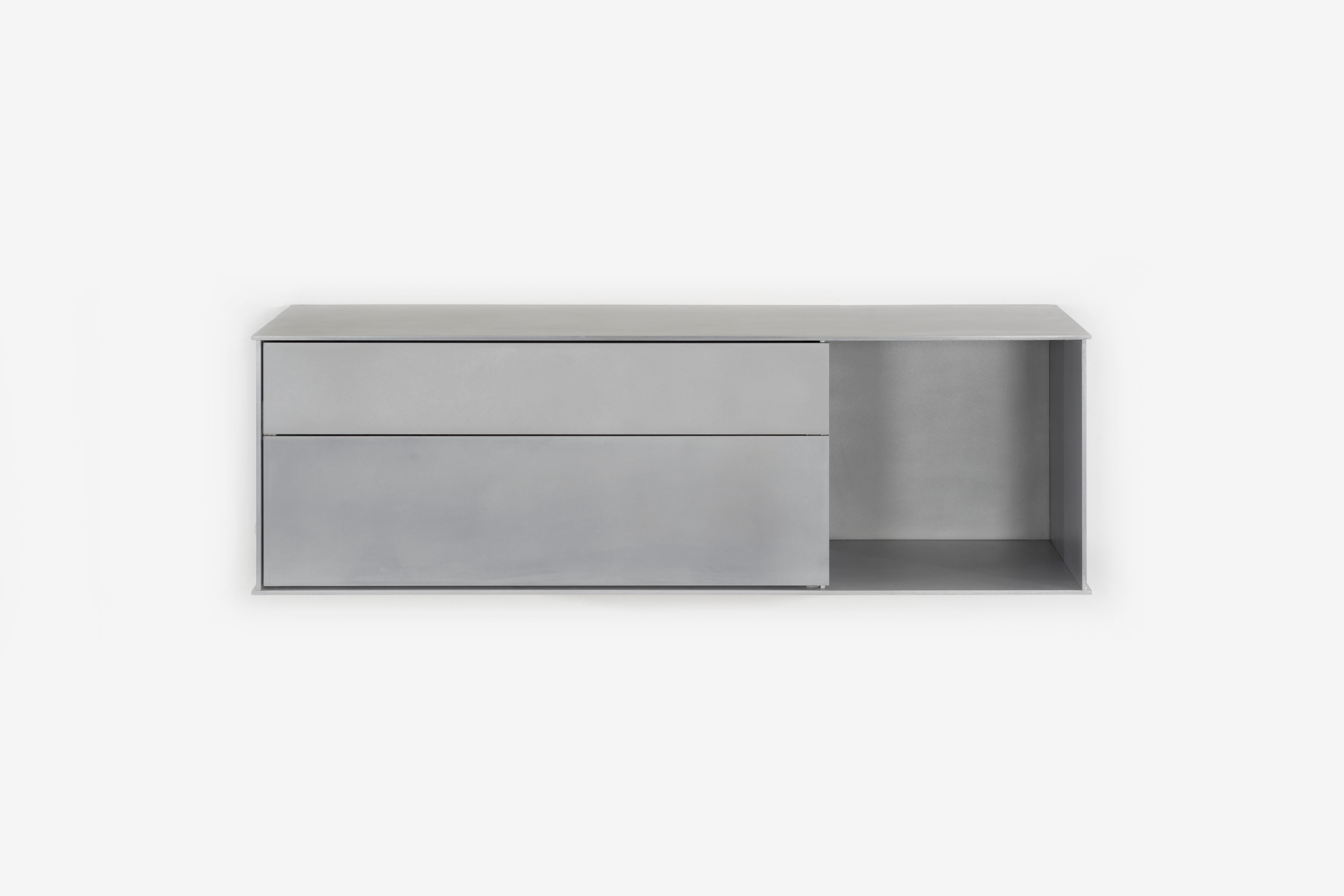 Minimalist OG Wall-Mounted Shelf with Drawers in Waxed Aluminum Plate by Jonathan Nesci For Sale