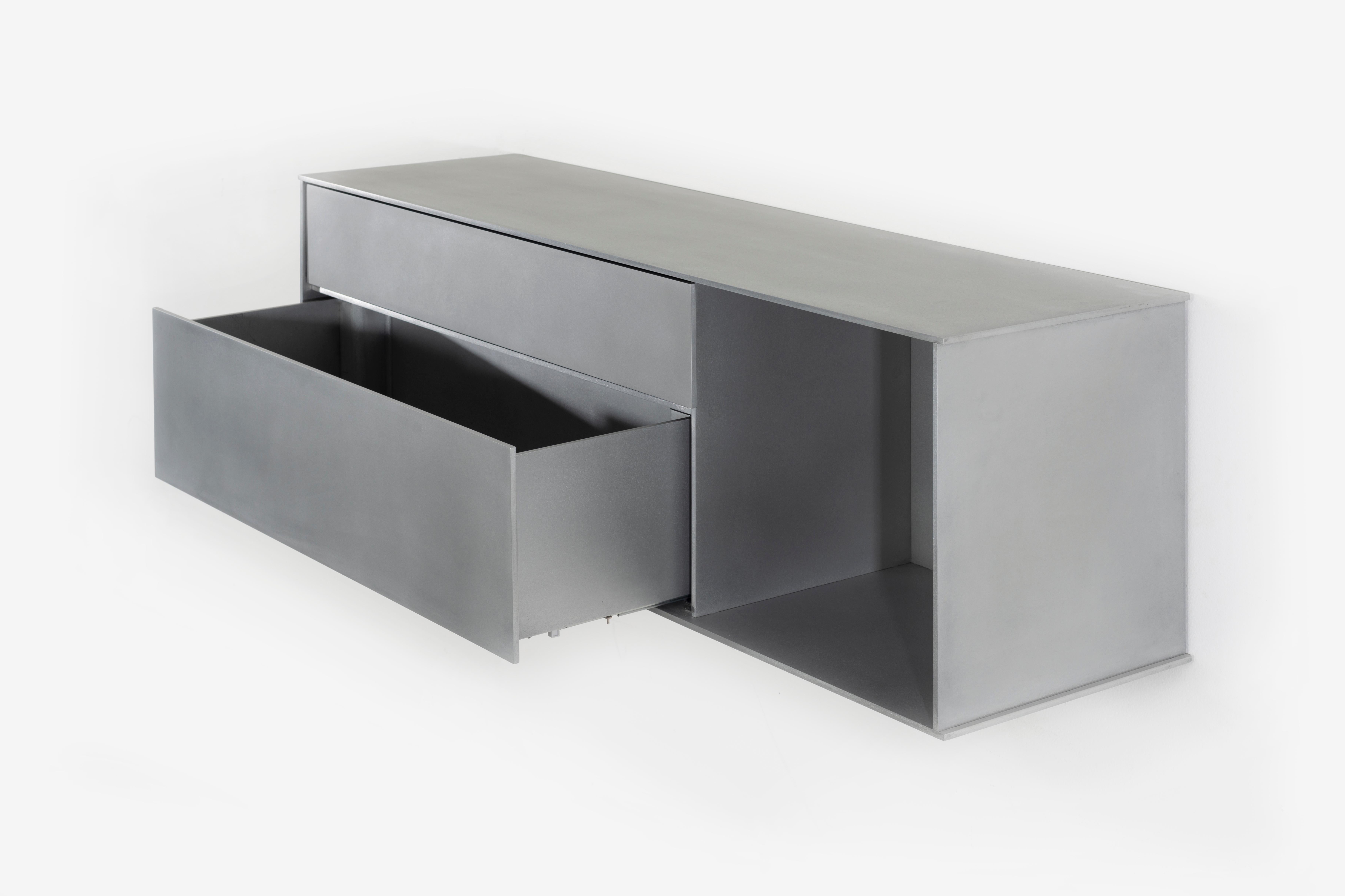 Welded OG Wall-Mounted Shelf with Drawers in Waxed Aluminum Plate by Jonathan Nesci For Sale