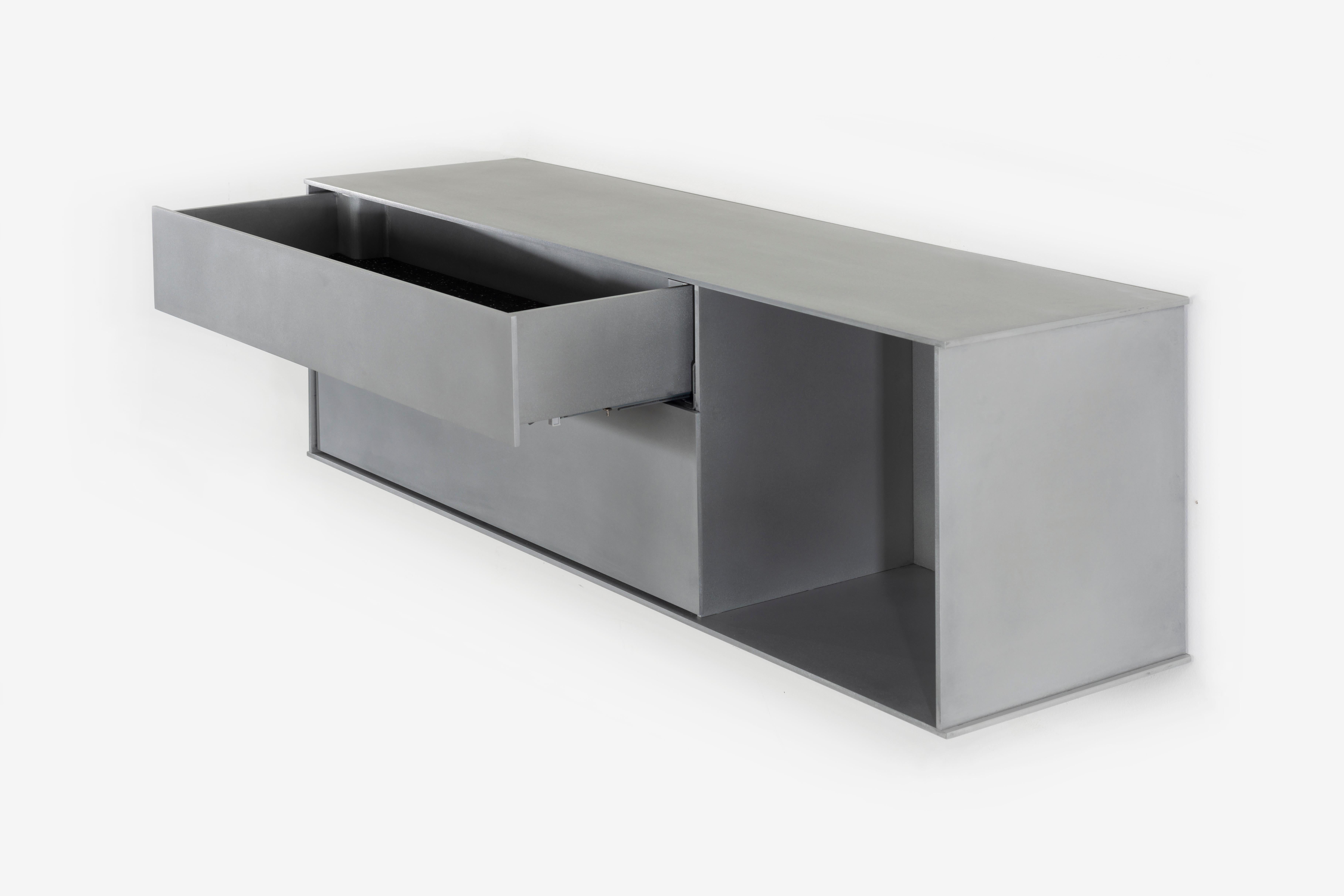 OG Wall-Mounted Shelf with Drawers in Waxed Aluminum Plate by Jonathan Nesci In New Condition For Sale In Columbus, IN