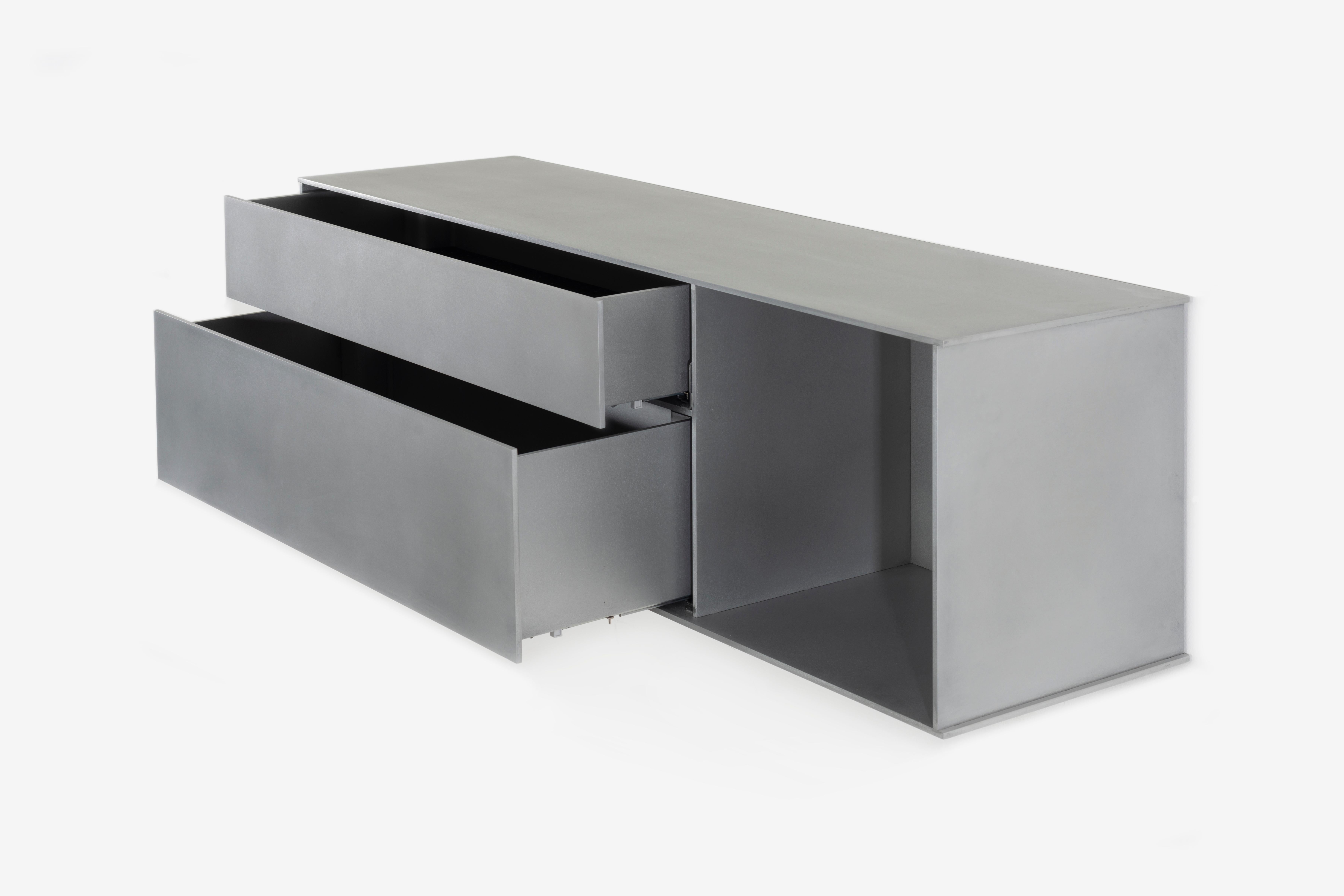 Contemporary OG Wall-Mounted Shelf with Drawers in Waxed Aluminum Plate by Jonathan Nesci For Sale