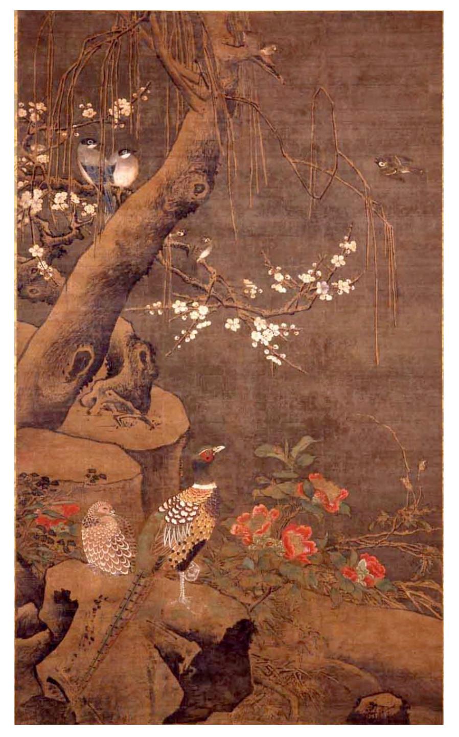 Ogata Tomin (1839 -1895)

Birds in a spring landscape

Ink and colour on silk.

Inscription reads:
“Copy of Lu Ji, painted with heartfelt appreciation”
“Painted by Tomin Ogata Yosei”

Seal: Yosei

Dimensions:
H. 45” x 22” (114 cm x 55