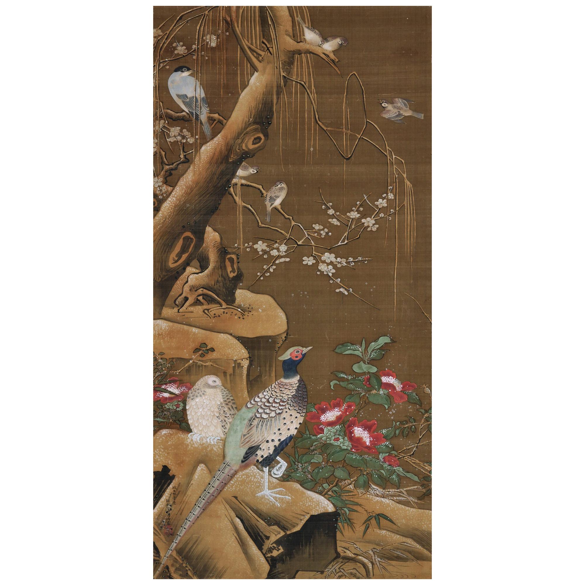 Peinture japonaise. Oiseau et fleur. Copie du 19e siècle de Lu Ji par Ogata Tomin. en vente