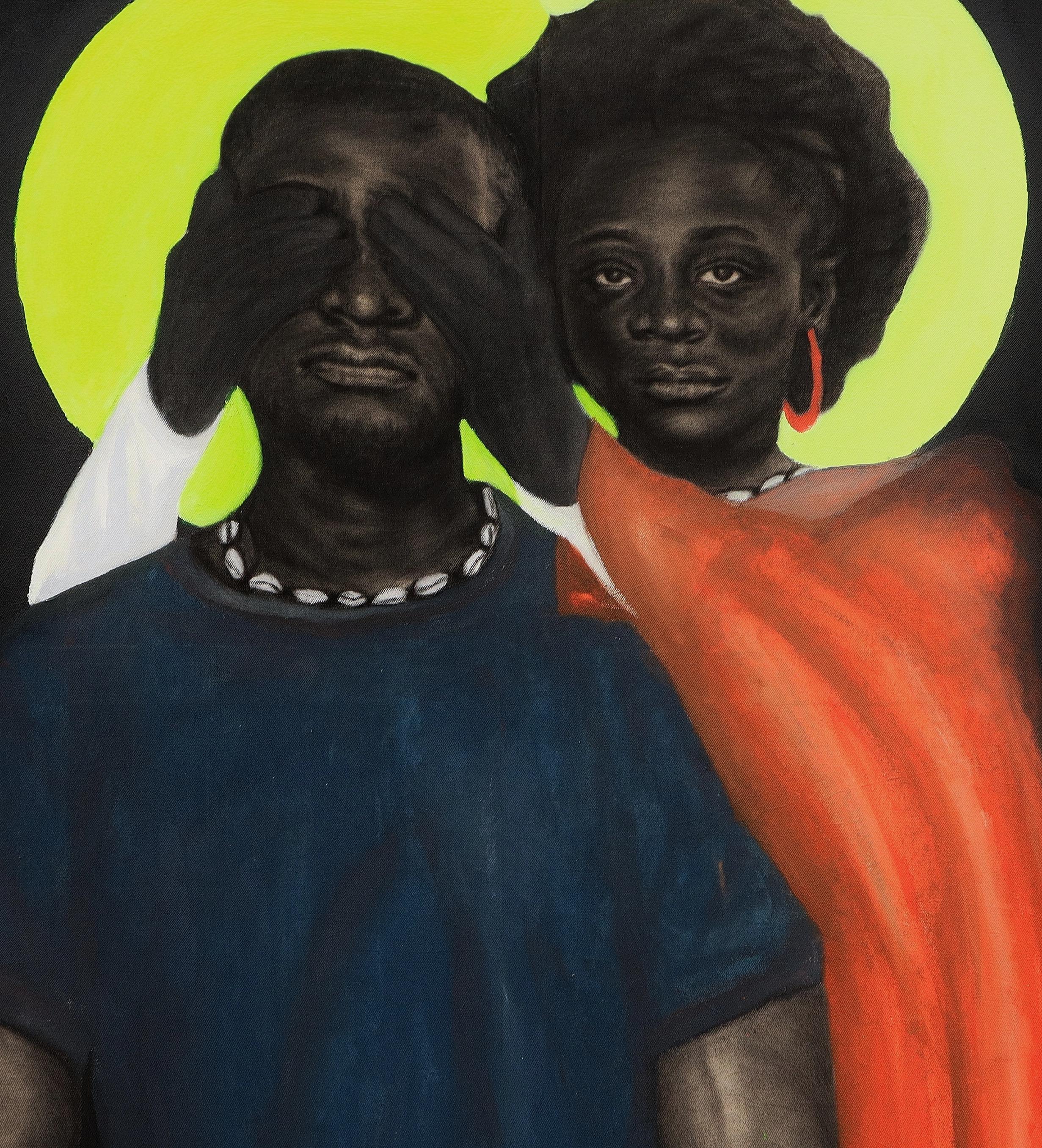 Con esta pieza, intento explorar temas de intimidad, protección y conexión espiritual. Sobre un crudo fondo negro, una mujer cubre suavemente los ojos de un hombre, ambos adornados con brillantes halos amarillos, que evocan una sensación de