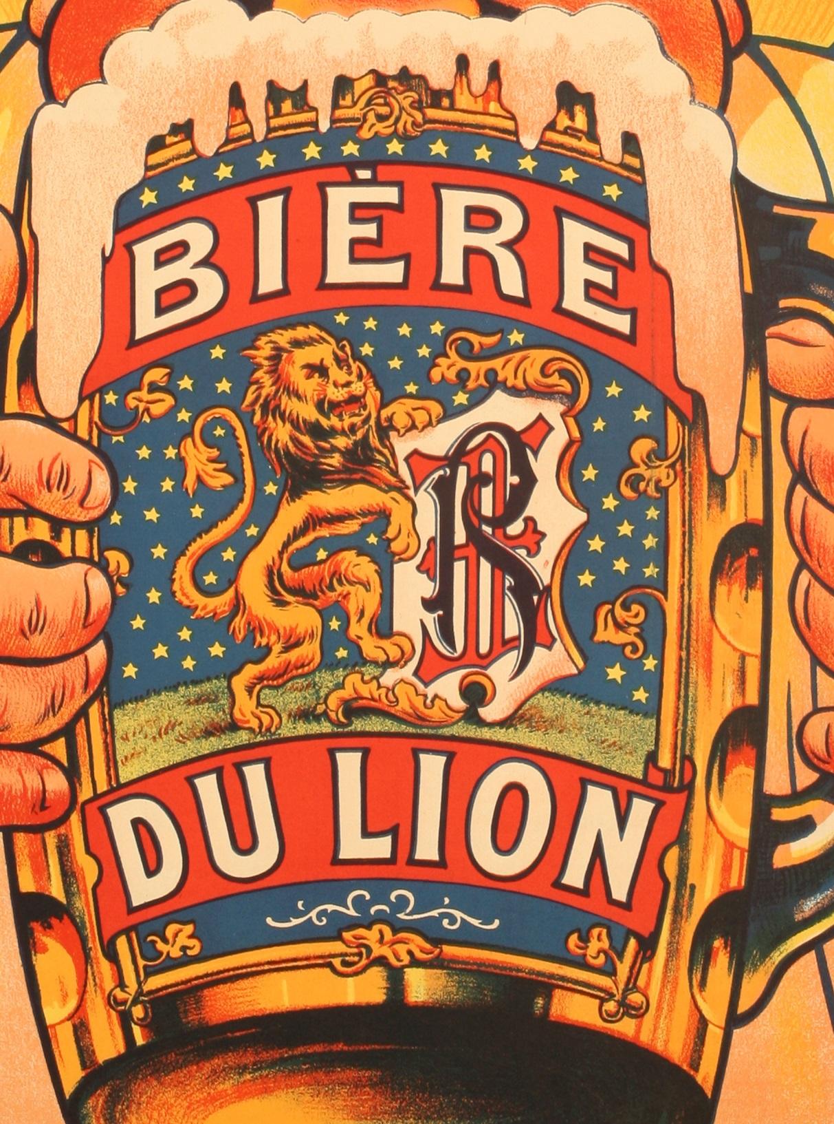 Art Nouveau Oge, Poster originale d'epoca, barattolo da birra Lion, birrificio, bevanda Ale Hop 1905 in vendita