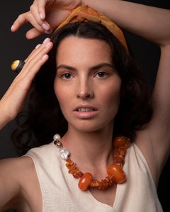 O’Gem Antique Amber Bead White Pearl Silk Necklace with Sterling Silver Clasp