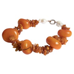 O’Gem Antique Amber Bead White Pearl Silk Necklace with Sterling Silver Clasp