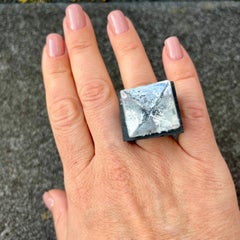 O’Gem Clear Quartz Pyramid Black Ceramic and Silver Statement Ring
